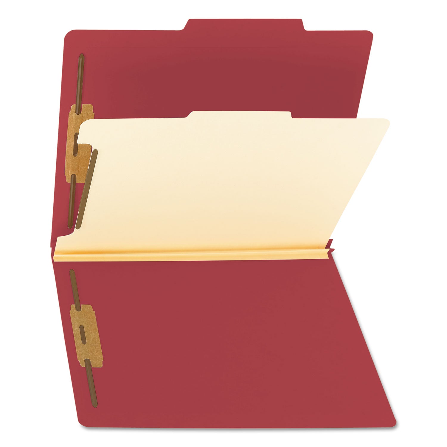 Smead Colored 2/5 Tab Cut Letter Recycled Classification Folder - 8 1/2" x 11" - 2" Expansion - 2 x 2B Fastener(s) - 2" for Folder - Top Tab Location - Right of Center Tab Position - 1 Divider(s) - 14 pt. - 2 Plys - Red - 10% Recycled - 10 / Box
