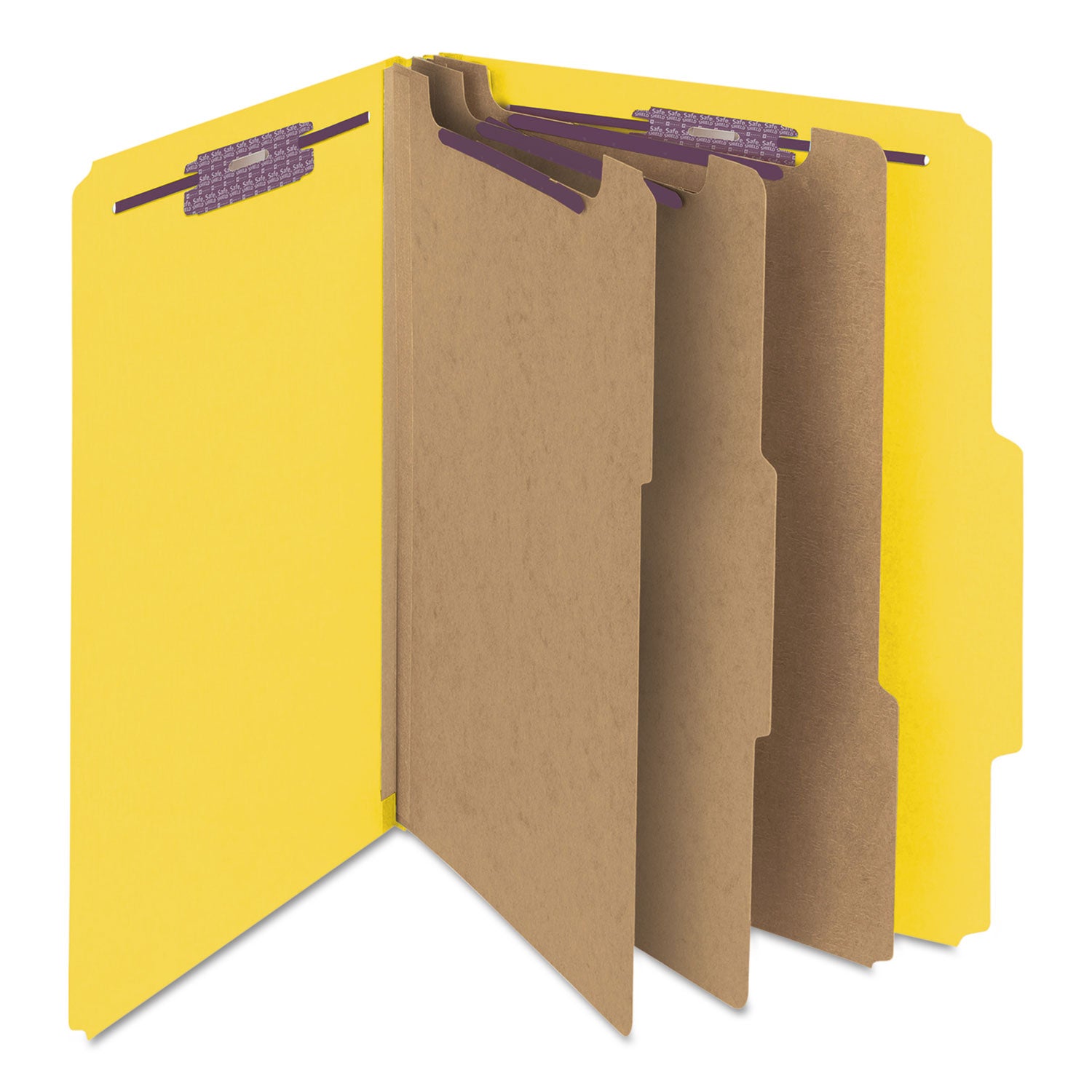 Smead SafeSHIELD 2/5 Tab Letter Size Recycled Classification Folders, 3 Dividers, 2 Fasteners, 3" Expansion, Yellow, Heavy Duty, 100% Recycled, 10/Box