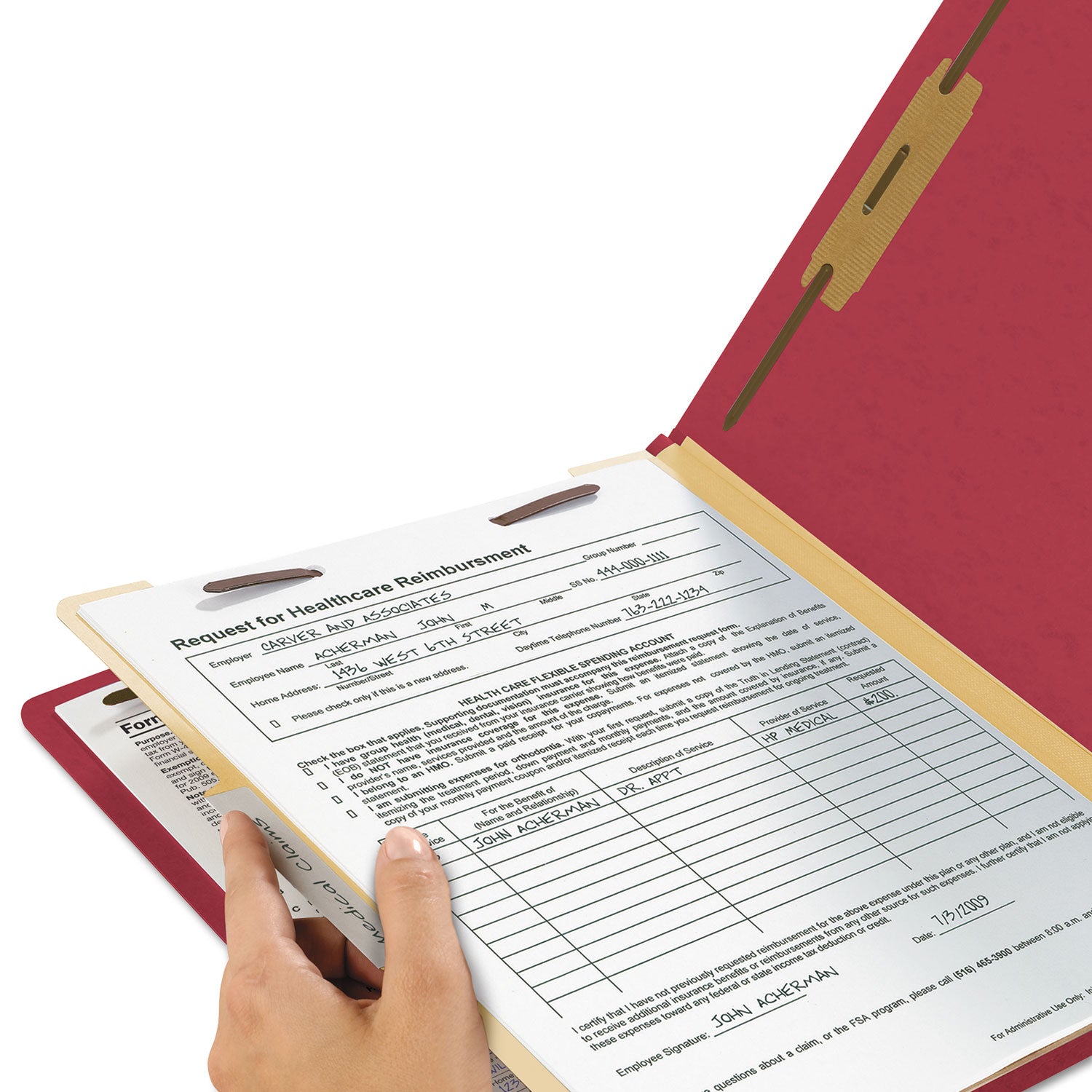 Smead Colored 2/5 Tab Cut Letter Recycled Classification Folder - 8 1/2" x 11" - 2" Expansion - 2 x 2B Fastener(s) - 2" for Folder - Top Tab Location - Right of Center Tab Position - 1 Divider(s) - 14 pt. - 2 Plys - Red - 10% Recycled - 10 / Box