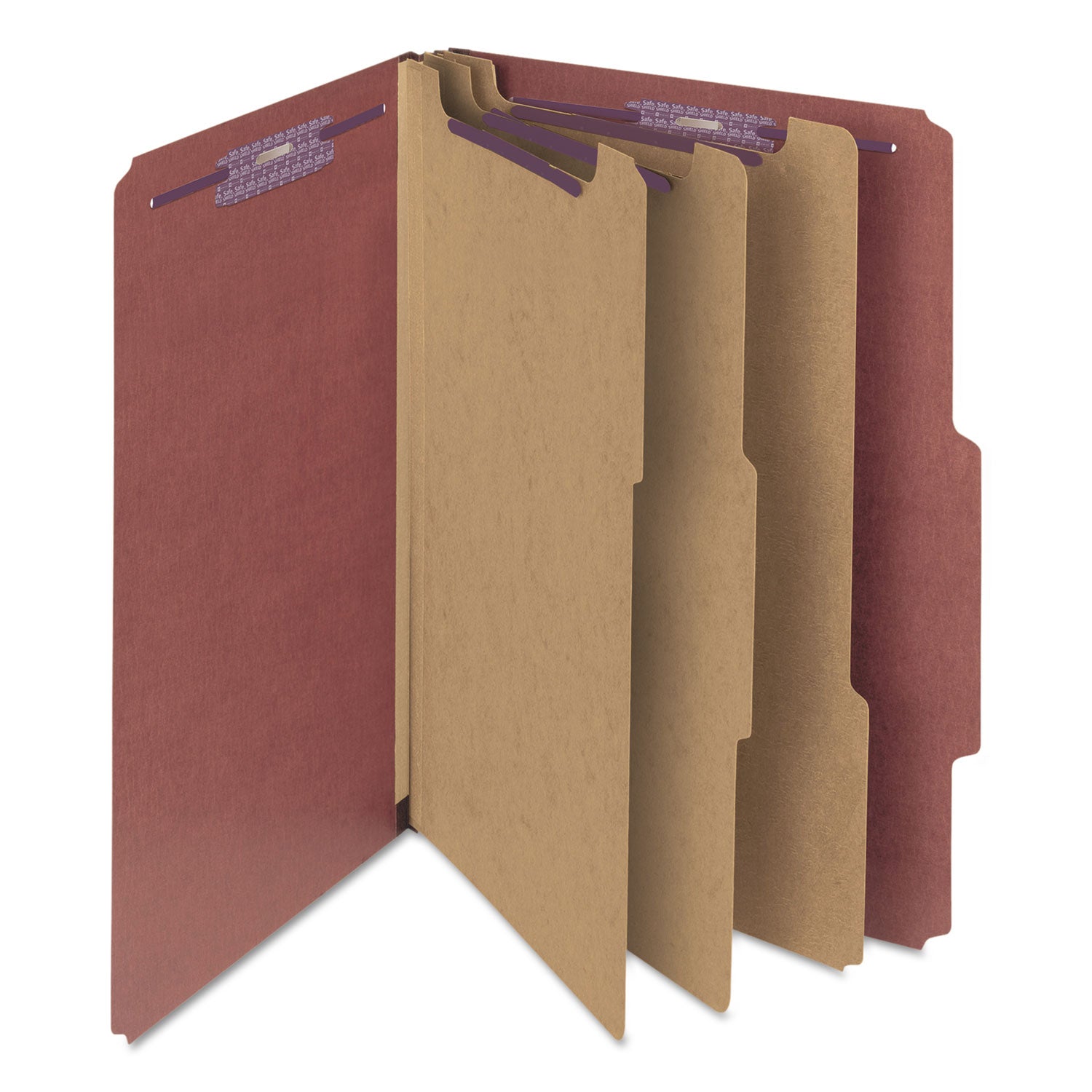 Smead SafeSHIELD Legal Size 2/5 Tab Cut Red Pressboard Classification Folders, 3 Dividers, 3" Expansion, 2 Fasteners, 100% Recycled, 10/Box