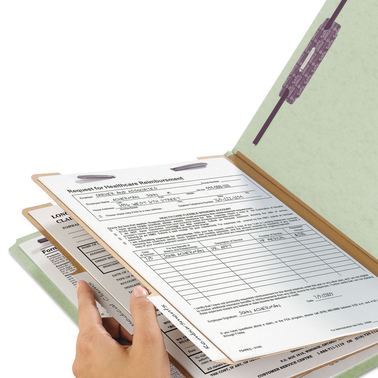 Smead SafeSHIELD 2/5 Tab Cut Legal Recycled Classification Folder, 8.5" x 14", 2" Expansion, 2 Fasteners, 2 Dividers, Pressboard, Gray/Green, Heavy Duty, Tear Resistant, 100% Recycled, 10/Box