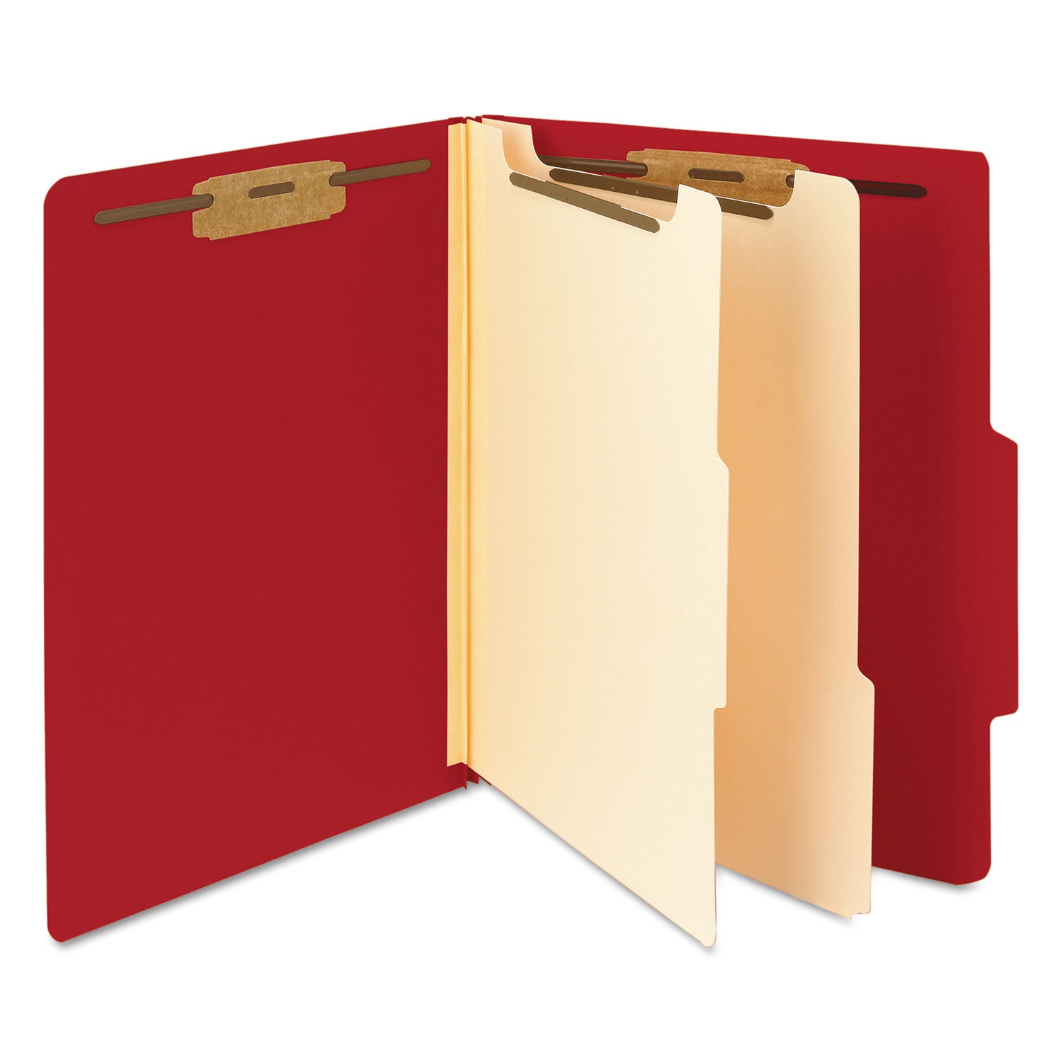 Smead Colored 2/5 Tab Cut Letter Recycled Classification Folder, 8.5" x 11", 2" Expansion, 2 Fasteners, 2 Dividers, Red, 10/Box