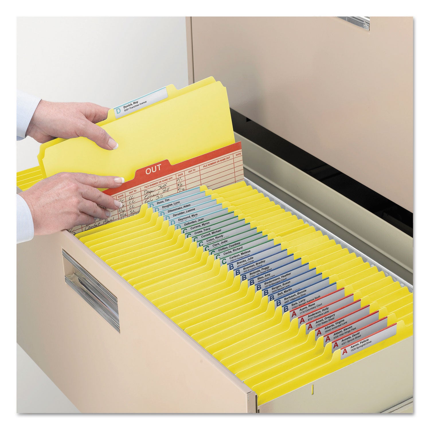 Smead Colored 2/5 Tab Cut Letter Recycled Classification Folder, Yellow, 8.5" x 11", 2" Expansion, 2 Fasteners, 1 Divider, Reinforced Tab, 10% Recycled, 10/Box