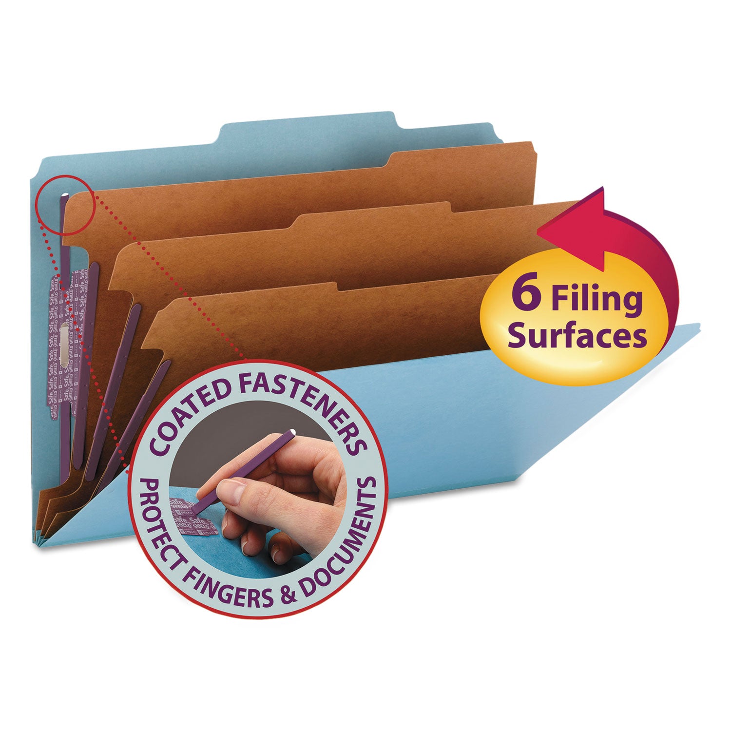 Smead SafeSHIELD Legal Size Blue Pressboard Classification Folders, 2/5 Tab Cut, 3 Dividers, 2 Fasteners, 3" Expansion, 100% Recycled, 10/Box
