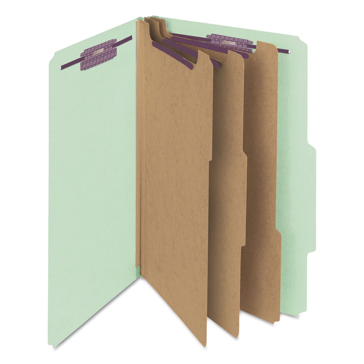 Smead SafeSHIELD Legal Size Classification Folders, 2/5 Tab Cut, 3" Expansion, 2 Fasteners, 3 Dividers, Heavy Duty Pressboard, Gray/Green, 100% Recycled, 10/Box