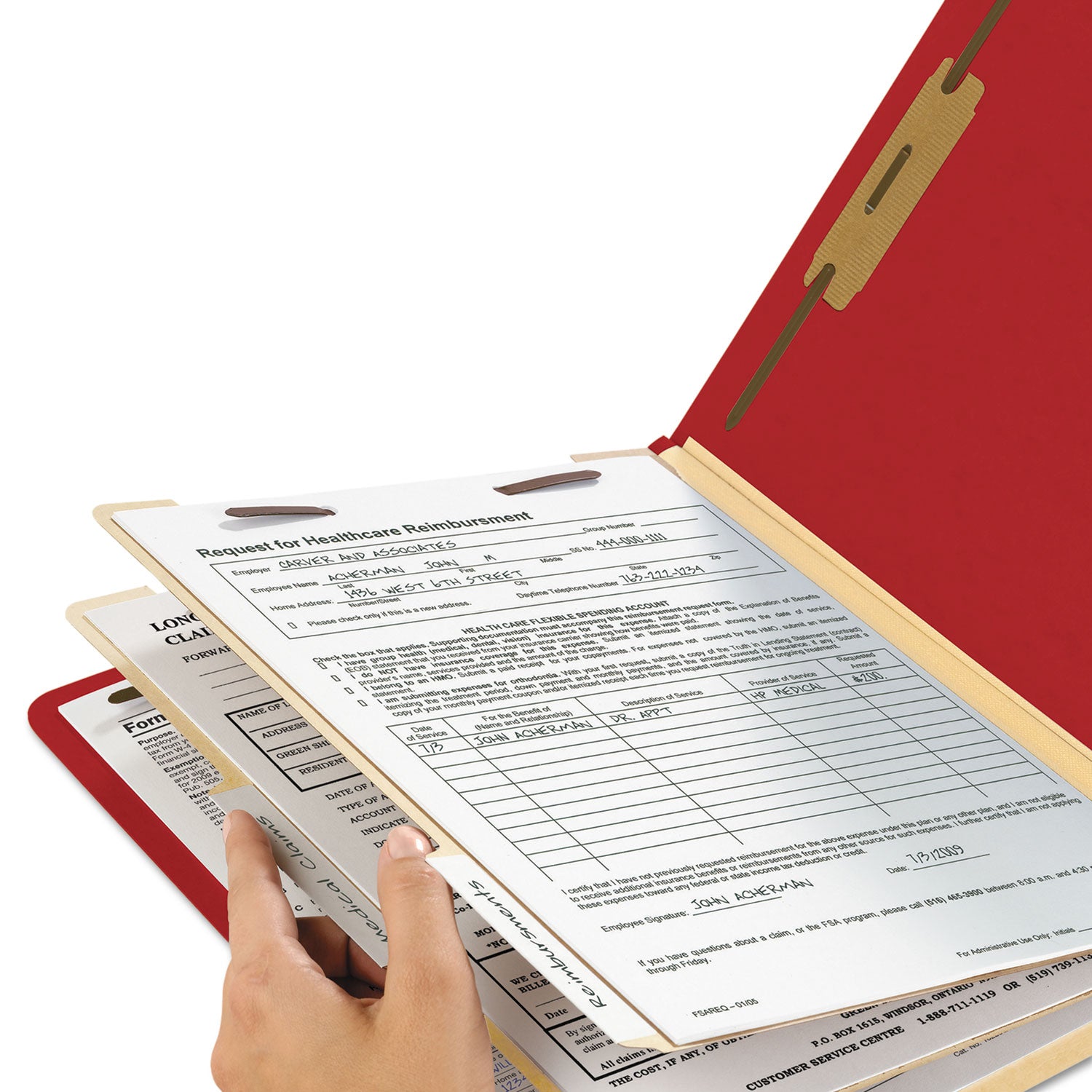 Smead Colored 2/5 Tab Cut Letter Recycled Classification Folder, 8.5" x 11", 2" Expansion, 2 Fasteners, 2 Dividers, Red, 10/Box