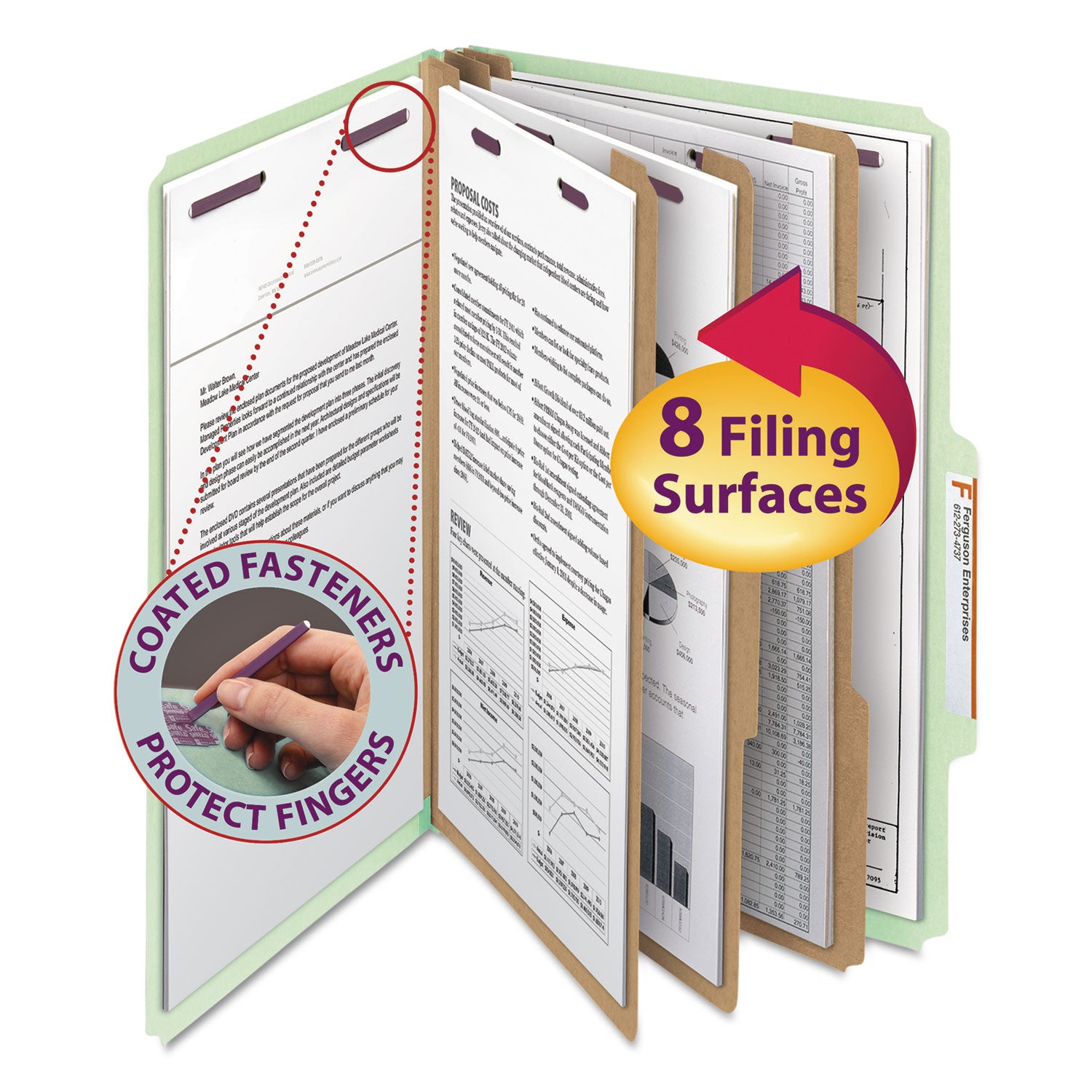 Smead SafeSHIELD Legal Size Classification Folders, 2/5 Tab Cut, 3" Expansion, 2 Fasteners, 3 Dividers, Heavy Duty Pressboard, Gray/Green, 100% Recycled, 10/Box