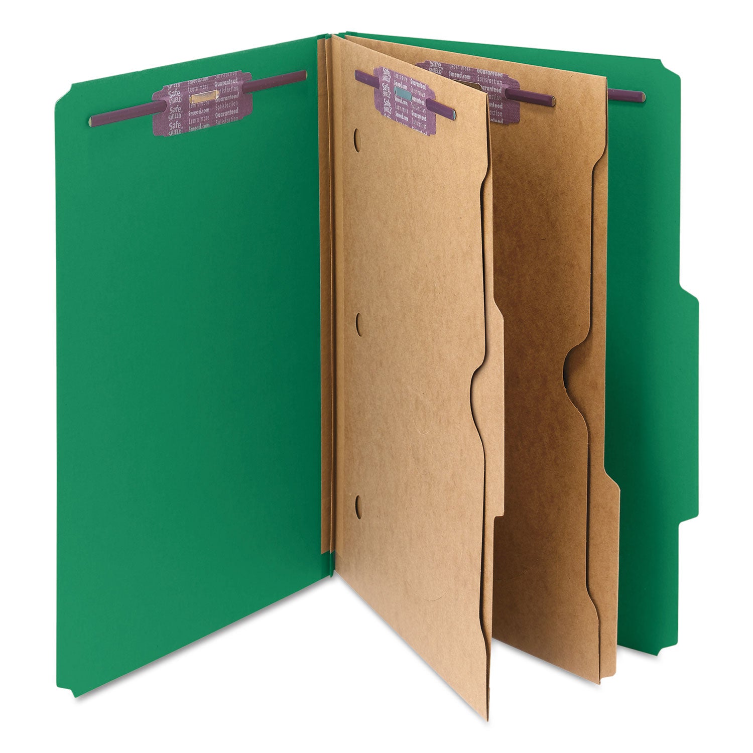 Smead SafeSHIELD Legal Classification Folder, 2/5 Tab Cut, 2" Expansion, 2 Fasteners, 2 Pockets, 2 Dividers, 25 pt. Green Pressboard, 100% Recycled, 10/Box