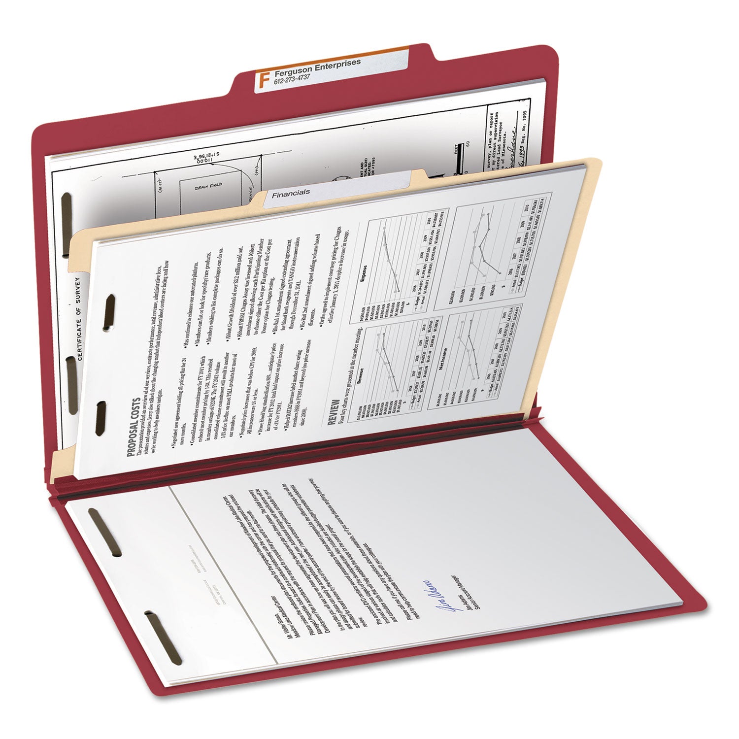 Smead Colored 2/5 Tab Cut Letter Recycled Classification Folder - 8 1/2" x 11" - 2" Expansion - 2 x 2B Fastener(s) - 2" for Folder - Top Tab Location - Right of Center Tab Position - 1 Divider(s) - 14 pt. - 2 Plys - Red - 10% Recycled - 10 / Box