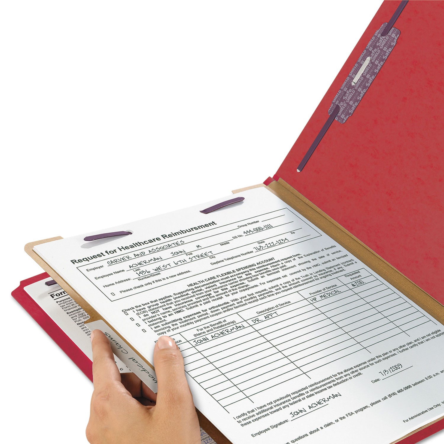 Smead SafeSHIELD 2/5 Tab Cut Legal Recycled Classification Folder, Bright Red, 2" Expansion, 1 Divider, 2 Fasteners, Heavy Duty, Tear Resistant, 100% Recycled, 10/Box