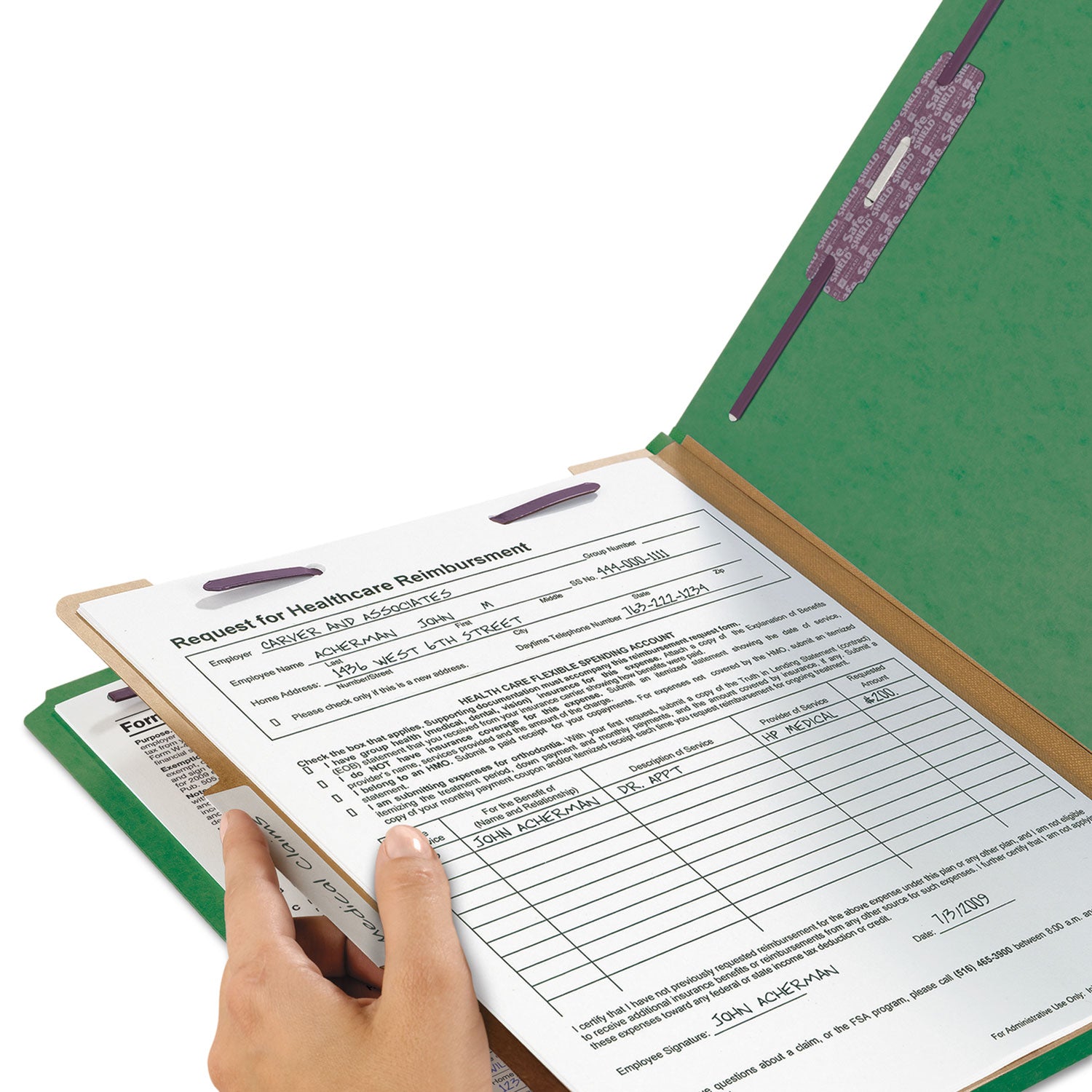 Smead SafeSHIELD 2/5 Tab Cut Letter Size Recycled Classification Folders, 2" Expansion, 1 Divider, 2 Fasteners, Green, Heavy Duty Pressboard, 10/Box