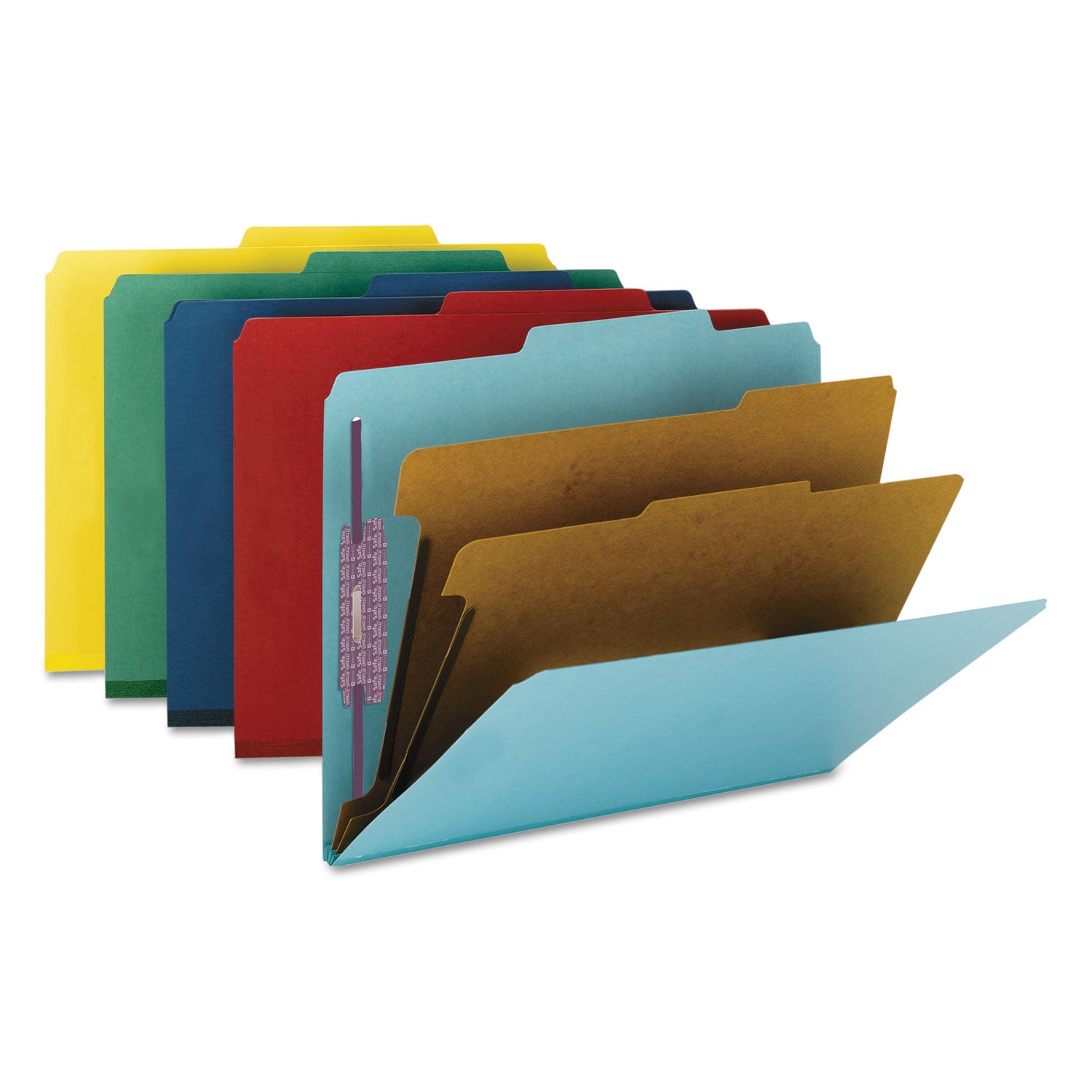 Smead SafeSHIELD 2/5 Tab Cut Letter Size Recycled Classification Folders, 2" Expansion, 2 Fasteners, 2 Dividers, Pressboard, Assorted Colors, Heavy Duty, 10/Box