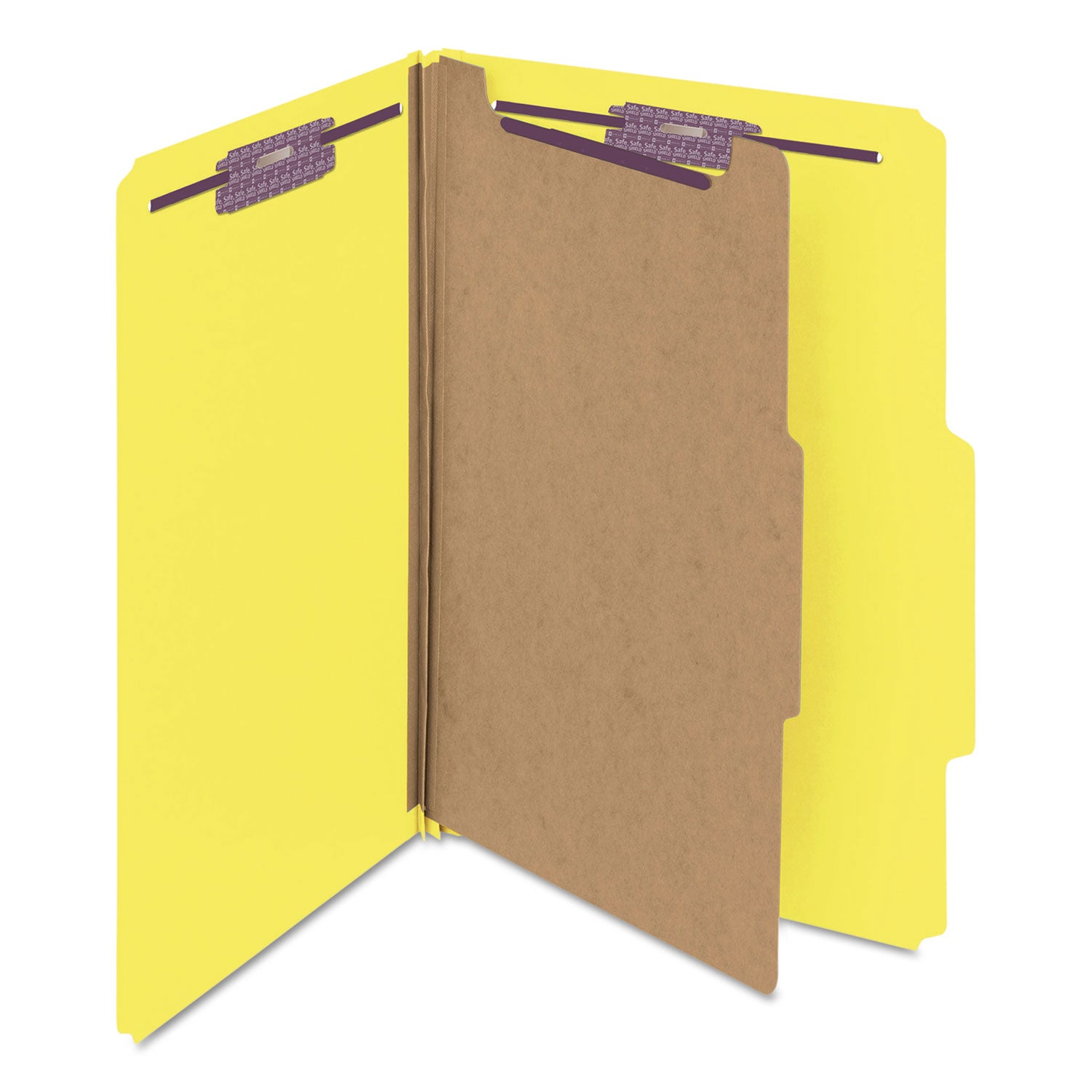 Smead SafeSHIELD 2/5 Tab Cut Legal Recycled Classification Folder, 8.5" x 14", 2" Expansion, 2 Fasteners, 1 Divider, 25 pt. Pressboard, Yellow, 100% Recycled, 10/Box
