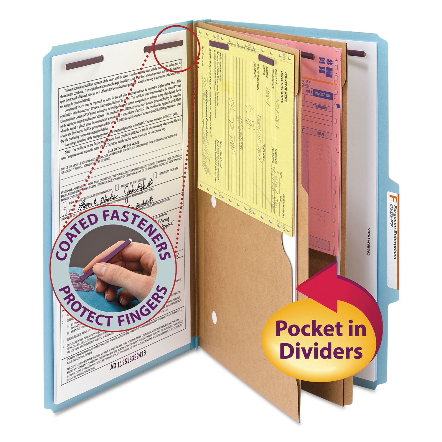 Smead SafeSHIELD 2/5 Tab Cut Legal Classification Folder, 8.5" x 14", 2" Expansion, 2 Fasteners, 2 Pockets, 2 Dividers, 25 pt. Blue, 100% Recycled, 10/Box
