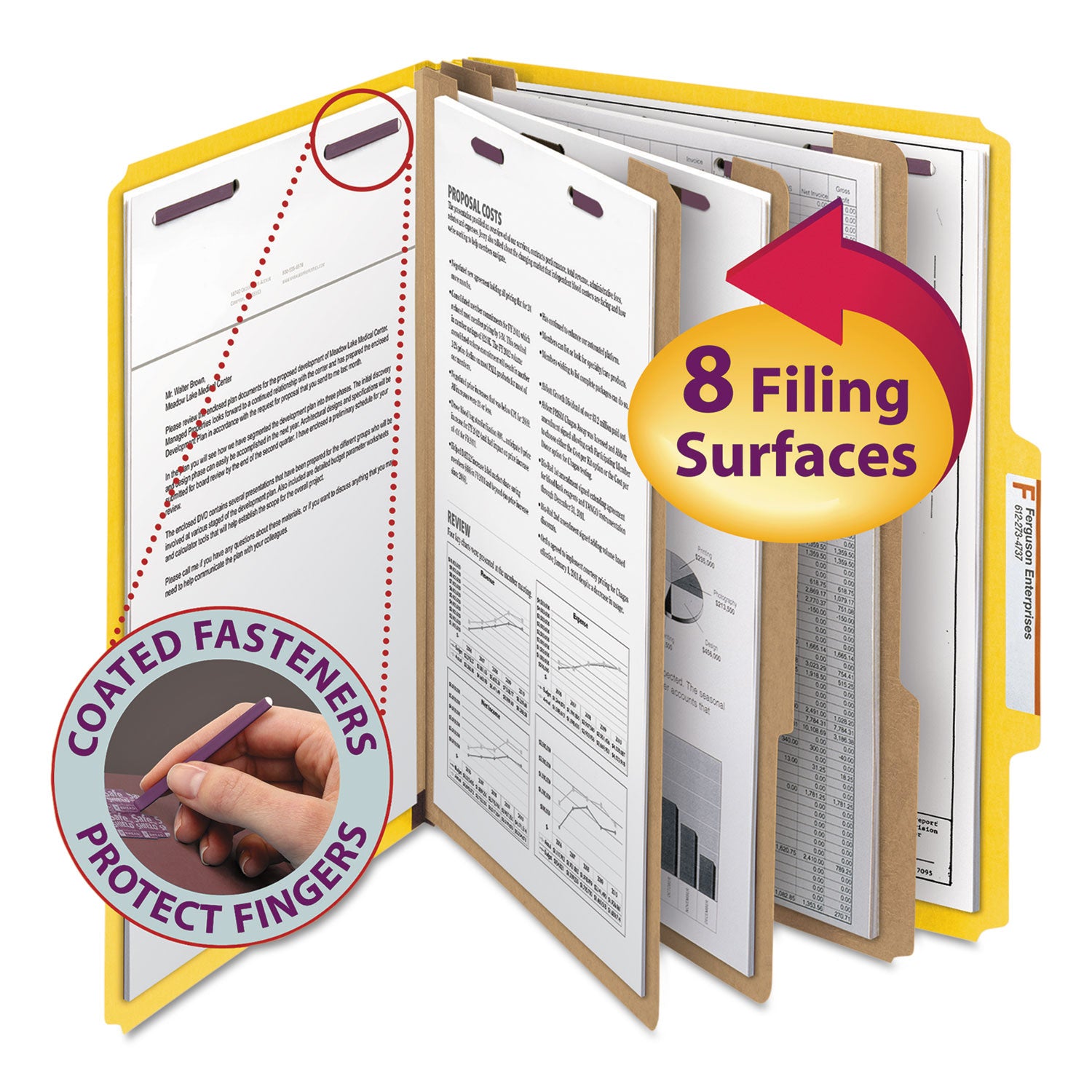 Smead SafeSHIELD 2/5 Tab Letter Size Recycled Classification Folders, 3 Dividers, 2 Fasteners, 3" Expansion, Yellow, Heavy Duty, 100% Recycled, 10/Box