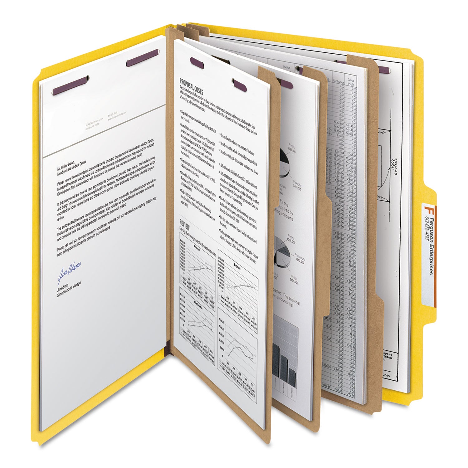 Smead SafeSHIELD 2/5 Tab Letter Size Recycled Classification Folders, 3 Dividers, 2 Fasteners, 3" Expansion, Yellow, Heavy Duty, 100% Recycled, 10/Box