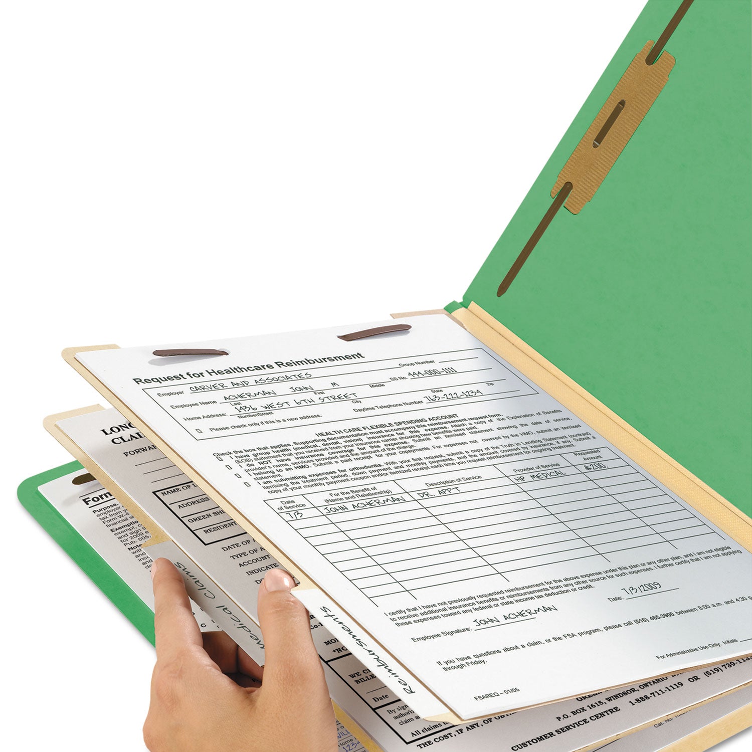 Smead Colored 2/5 Tab Cut Letter Recycled Classification Folders, 8.5" x 11", 2" Expansion, 2 Fasteners, 2 Dividers, Green, 10/Box