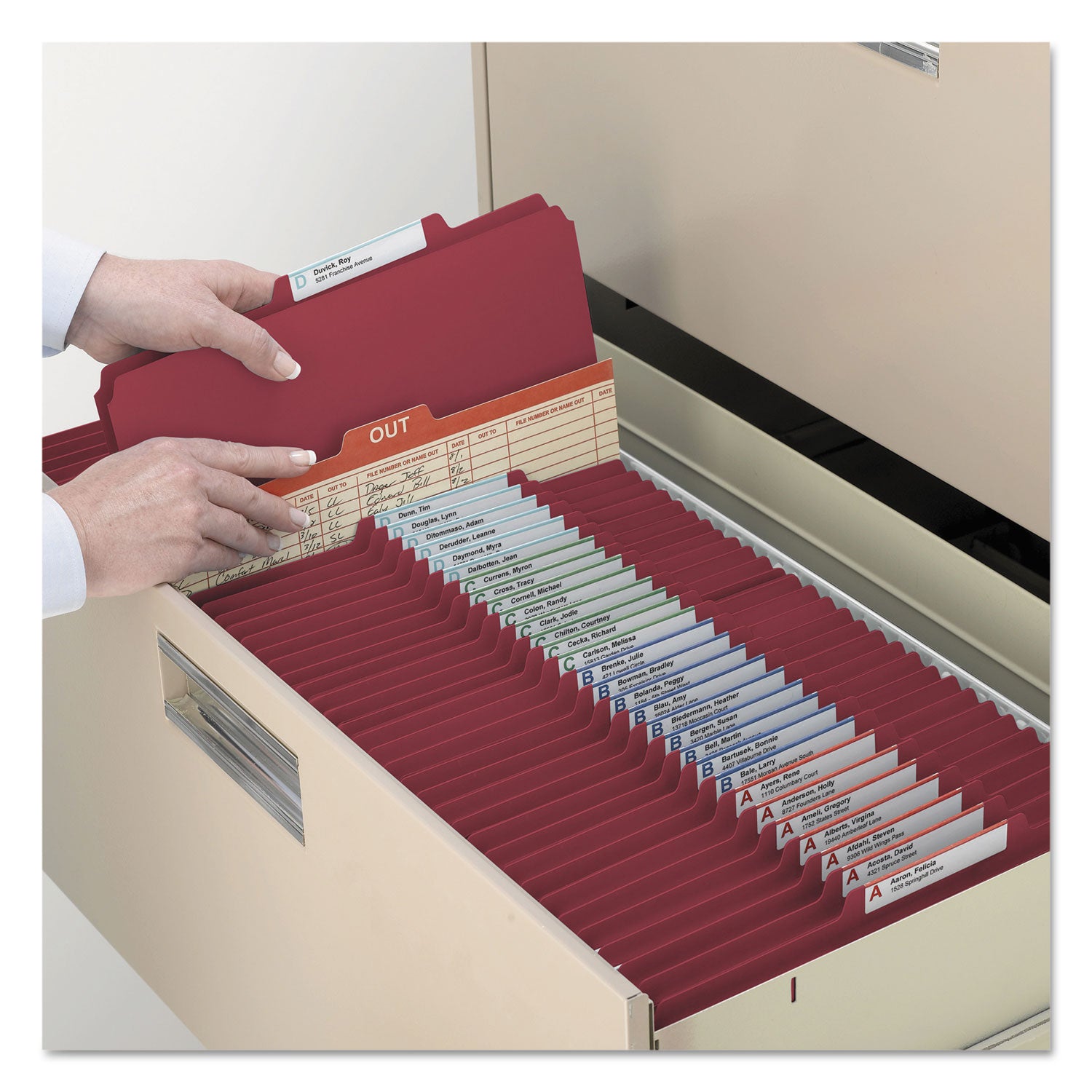 Smead Colored 2/5 Tab Cut Letter Recycled Classification Folder - 8 1/2" x 11" - 2" Expansion - 2 x 2B Fastener(s) - 2" for Folder - Top Tab Location - Right of Center Tab Position - 1 Divider(s) - 14 pt. - 2 Plys - Red - 10% Recycled - 10 / Box