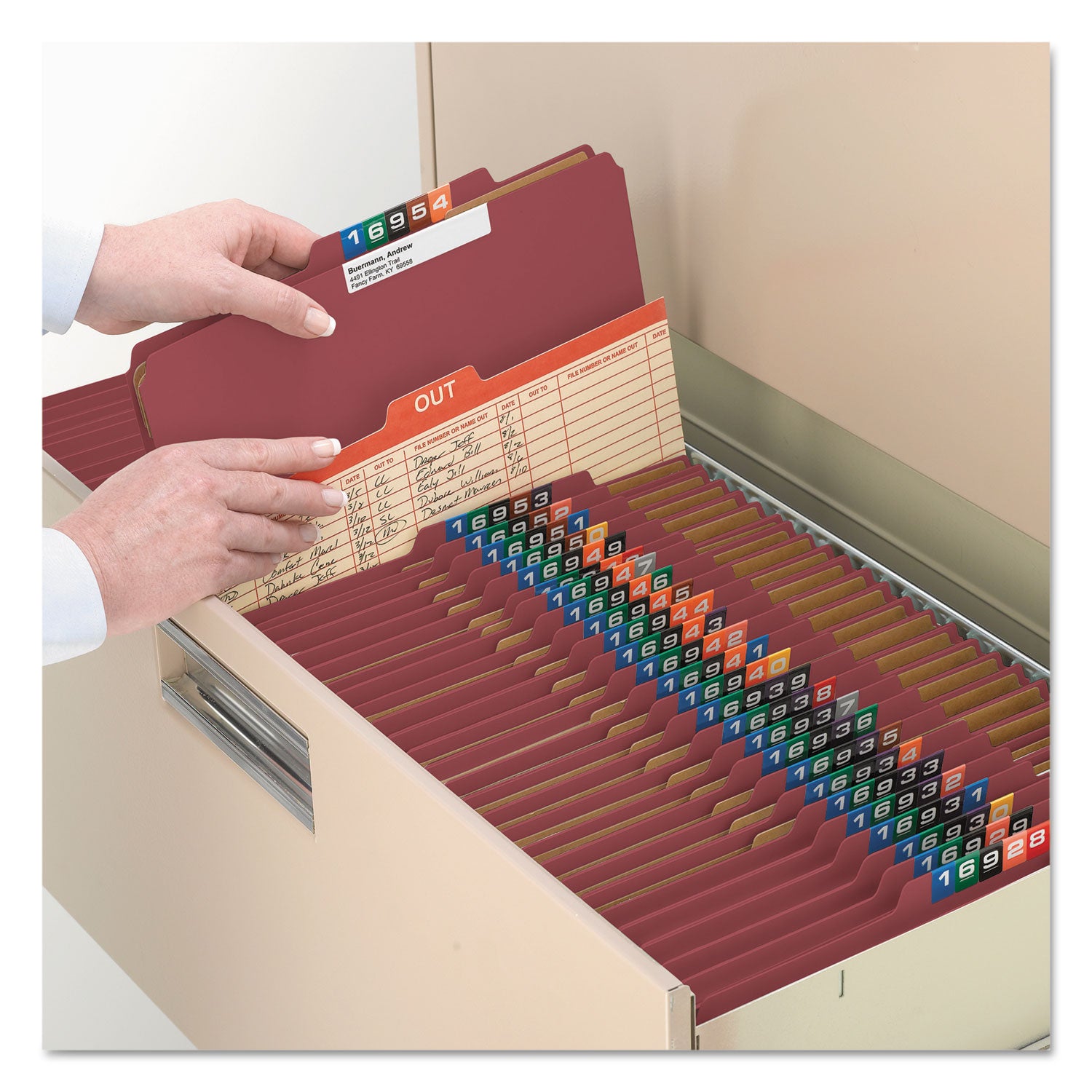 Smead SafeSHIELD Legal Size 2/5 Tab Cut Red Pressboard Classification Folders, 3 Dividers, 3" Expansion, 2 Fasteners, 100% Recycled, 10/Box
