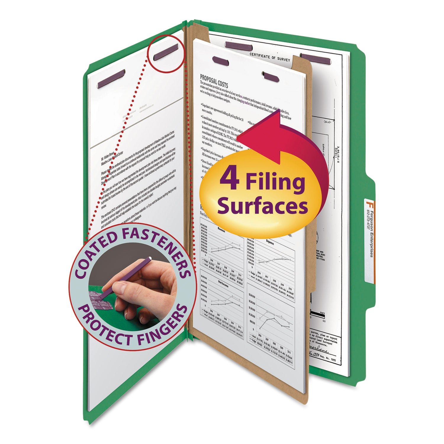 Smead SafeSHIELD 2/5 Tab Cut Legal Recycled Classification Folder, 8.5" x 14", 2" Expansion, 2 Fasteners, 1 Divider, Green, 25 pt. Pressboard, 100% Recycled, 10/Box