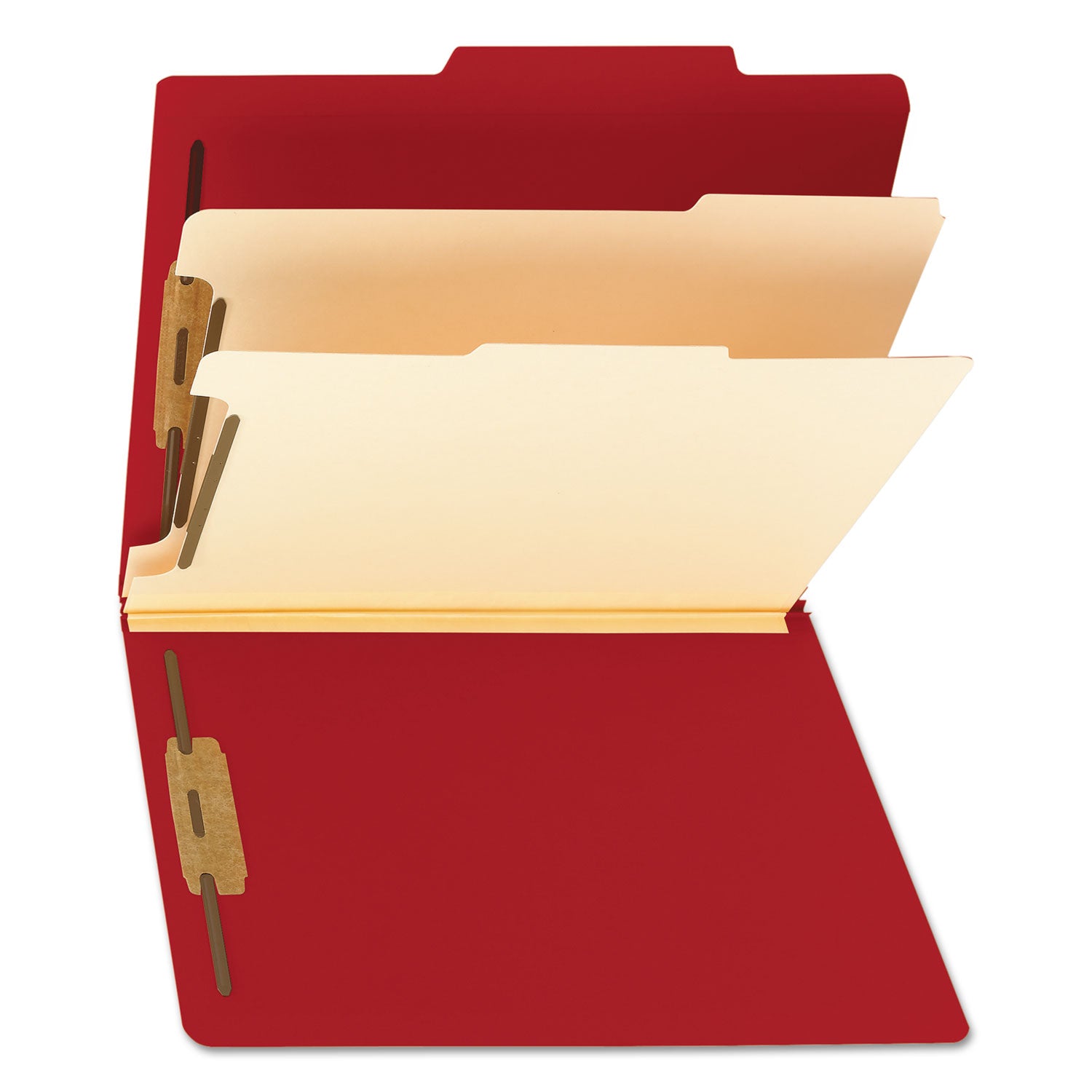 Smead Colored 2/5 Tab Cut Letter Recycled Classification Folder, 8.5" x 11", 2" Expansion, 2 Fasteners, 2 Dividers, Red, 10/Box