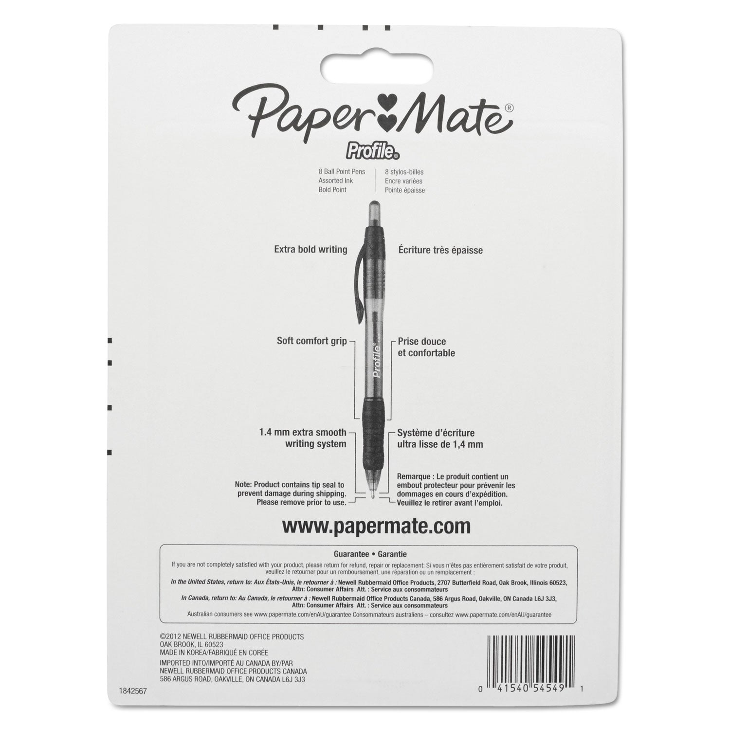 Paper Mate Profile Retractable Ballpoint Pen - 1 mm Pen Point - Retractable - Multi Ink - Assorted Barrel - 8 / Pack