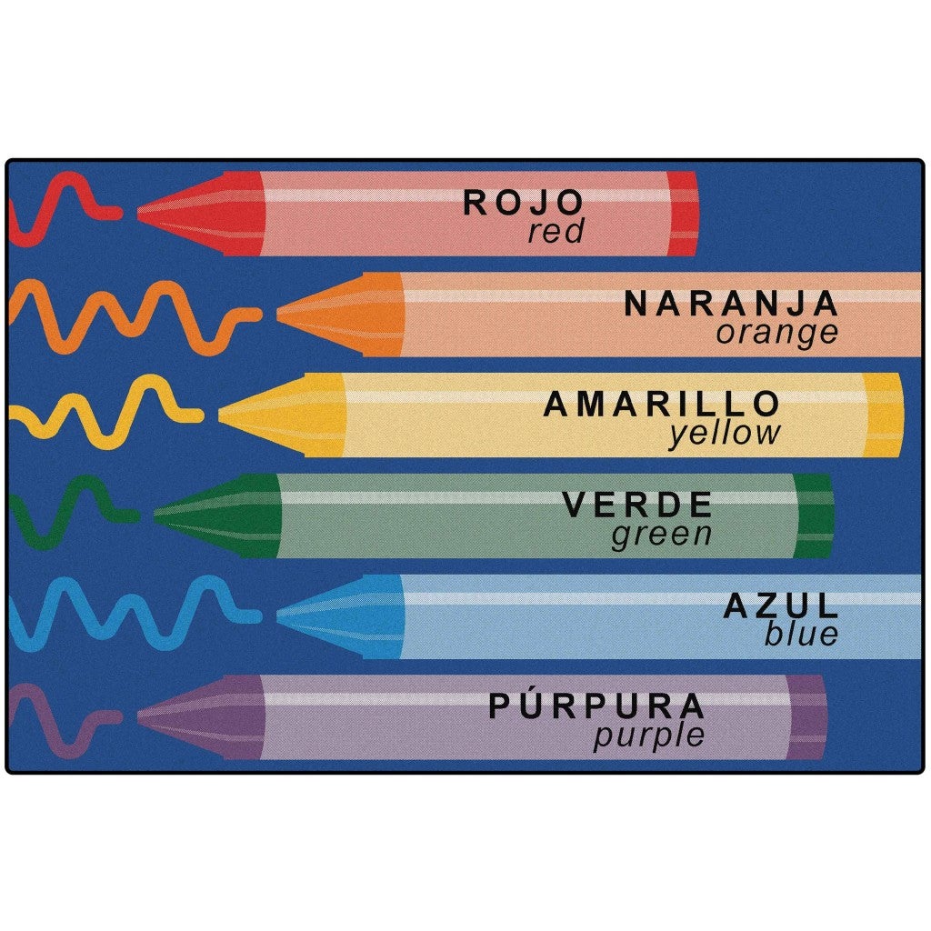 Bilingual Spanish English Crayons Rug  - 4ft x 6ft - Rectangle - Blue