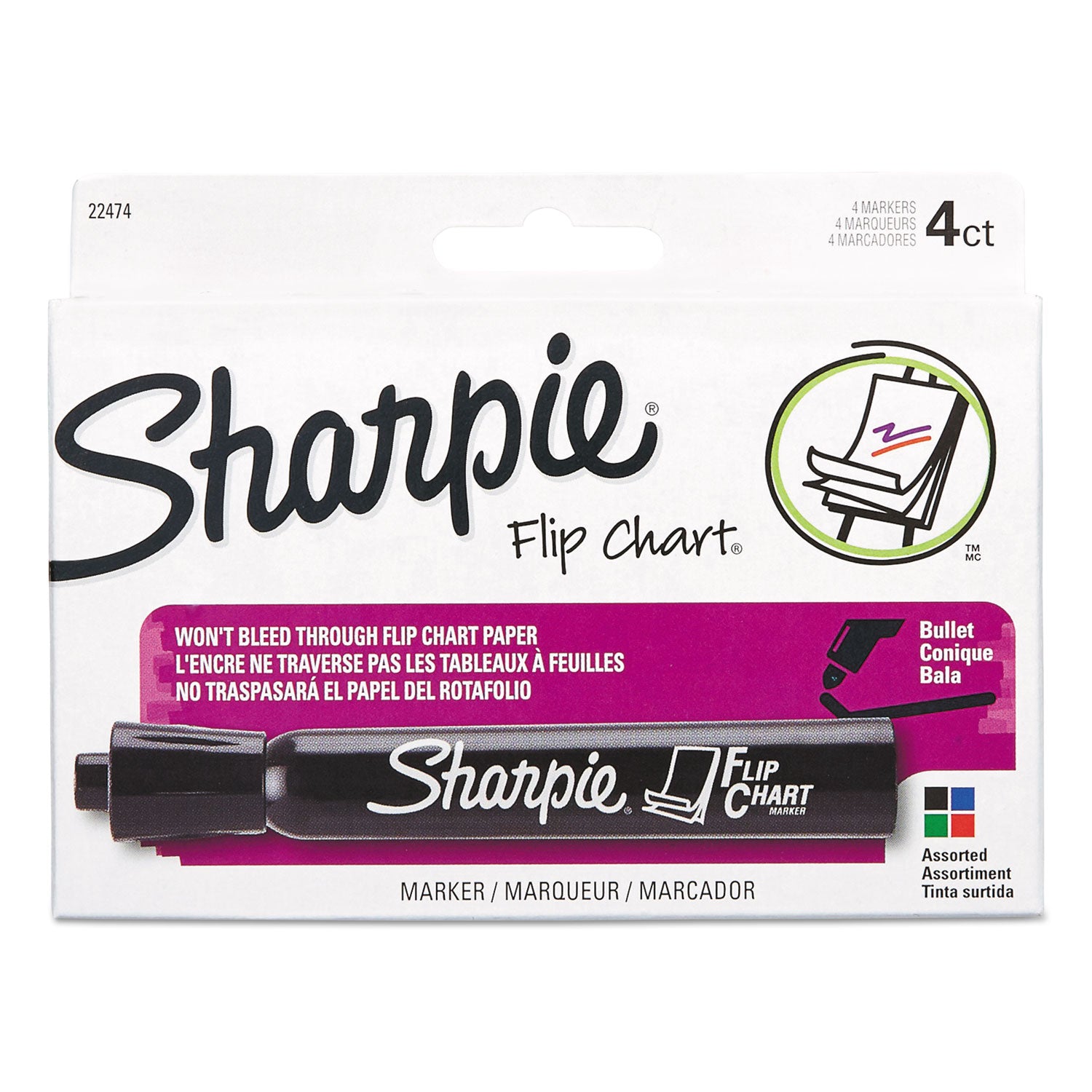 Flip Chart Marker, Broad Bullet Tip, Assorted Colors, 4/set