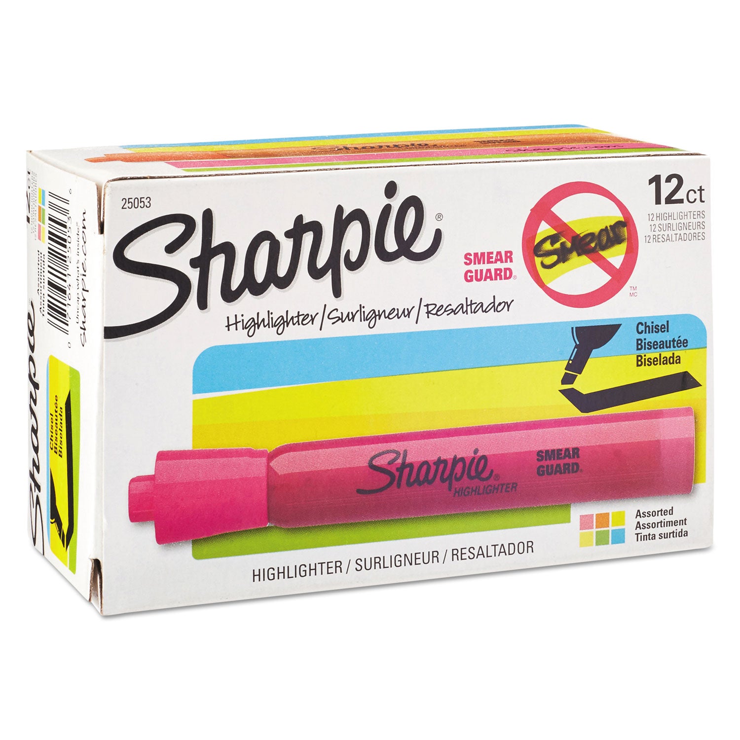 Sharpie SmearGuard Tank Style Highlighters - Chisel Marker Point - Fluorescent Yellow, Yellow, Fluorescent Green, Fluorescent Orange, Fluorescent Pink, Blue Ink - 12 / Set