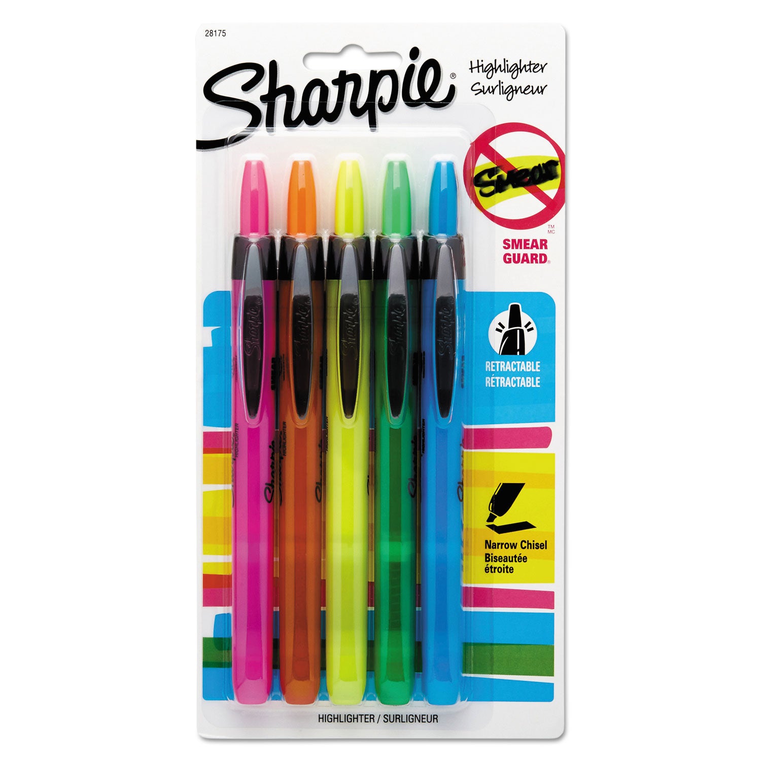 Sharpie Smear Guard Retractable Highlighters - Chisel Marker Point - Retractable - Assorted Ink - 5 / Pack