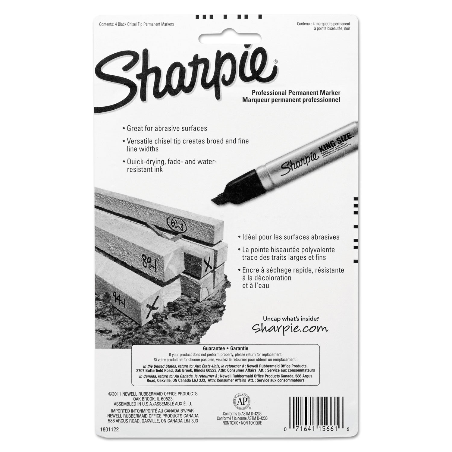 Sharpie King-Size Permanent Markers - Chisel Marker Point - Black Ink - Plastic Barrel - 4 / Pack