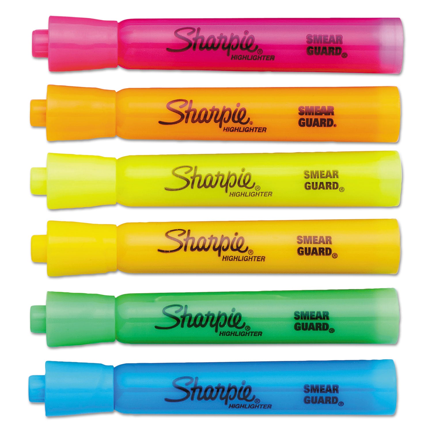 Sharpie SmearGuard Tank Style Highlighters - Chisel Marker Point - Fluorescent Yellow, Yellow, Fluorescent Green, Fluorescent Orange, Fluorescent Pink, Blue Ink - 12 / Set