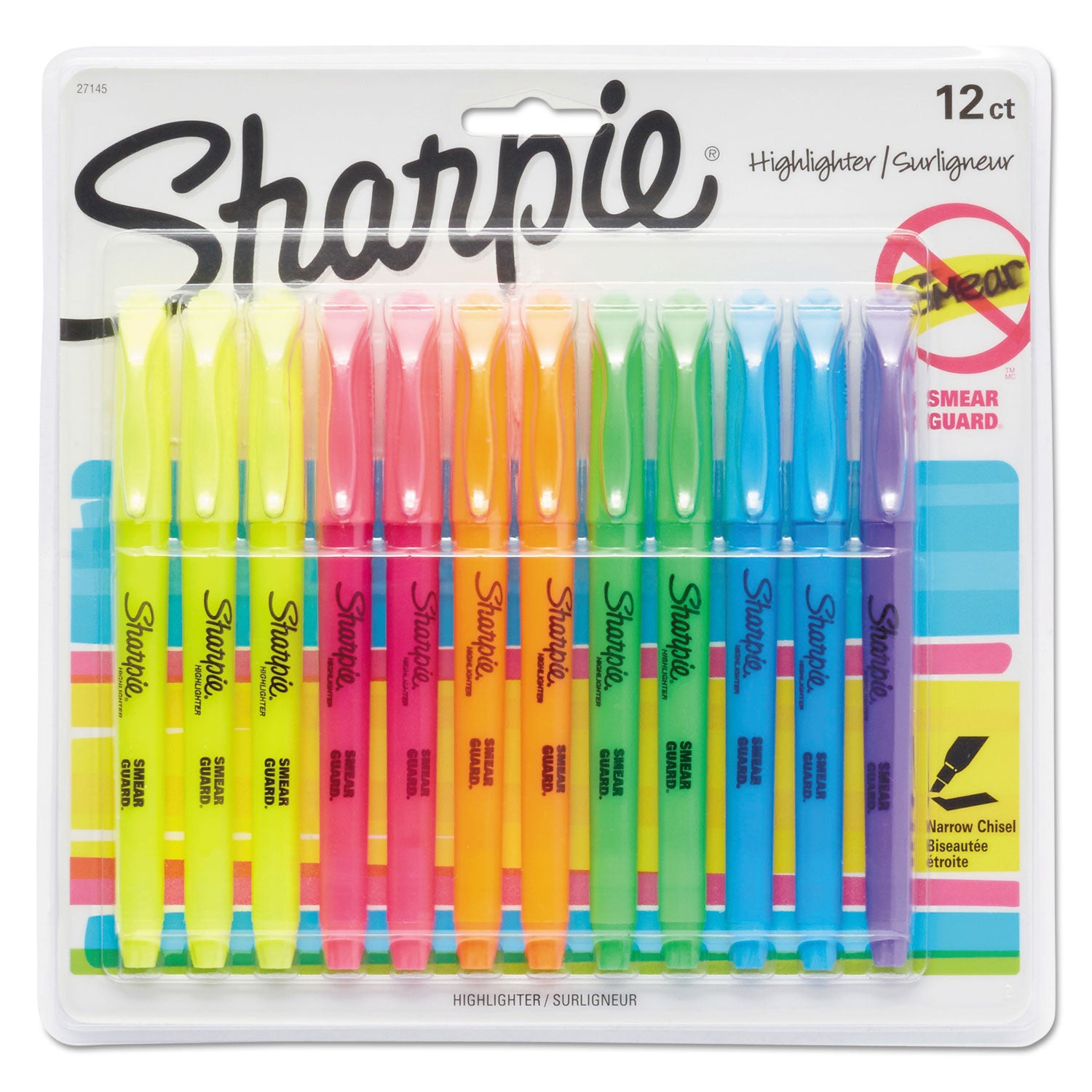 Chisel, Narrow Marker Point - Fluorescent Yellow, Fluorescent Green, Fluorescent Pink, Blue, Fluorescent Orange, Lavender Ink - 12 / Pack