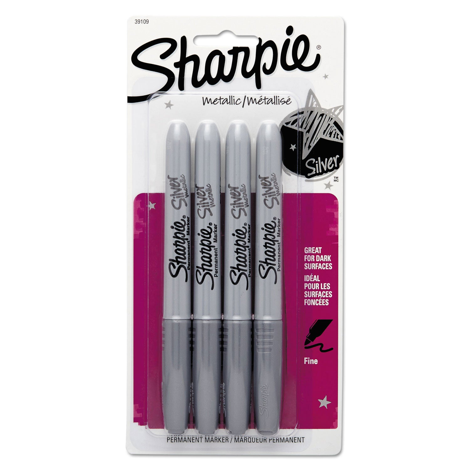 Sharpie Metallic Permanent Markers - 0.5 mm Fine Marker Point - Silver Ink - Silver Barrel - 4 / Pack