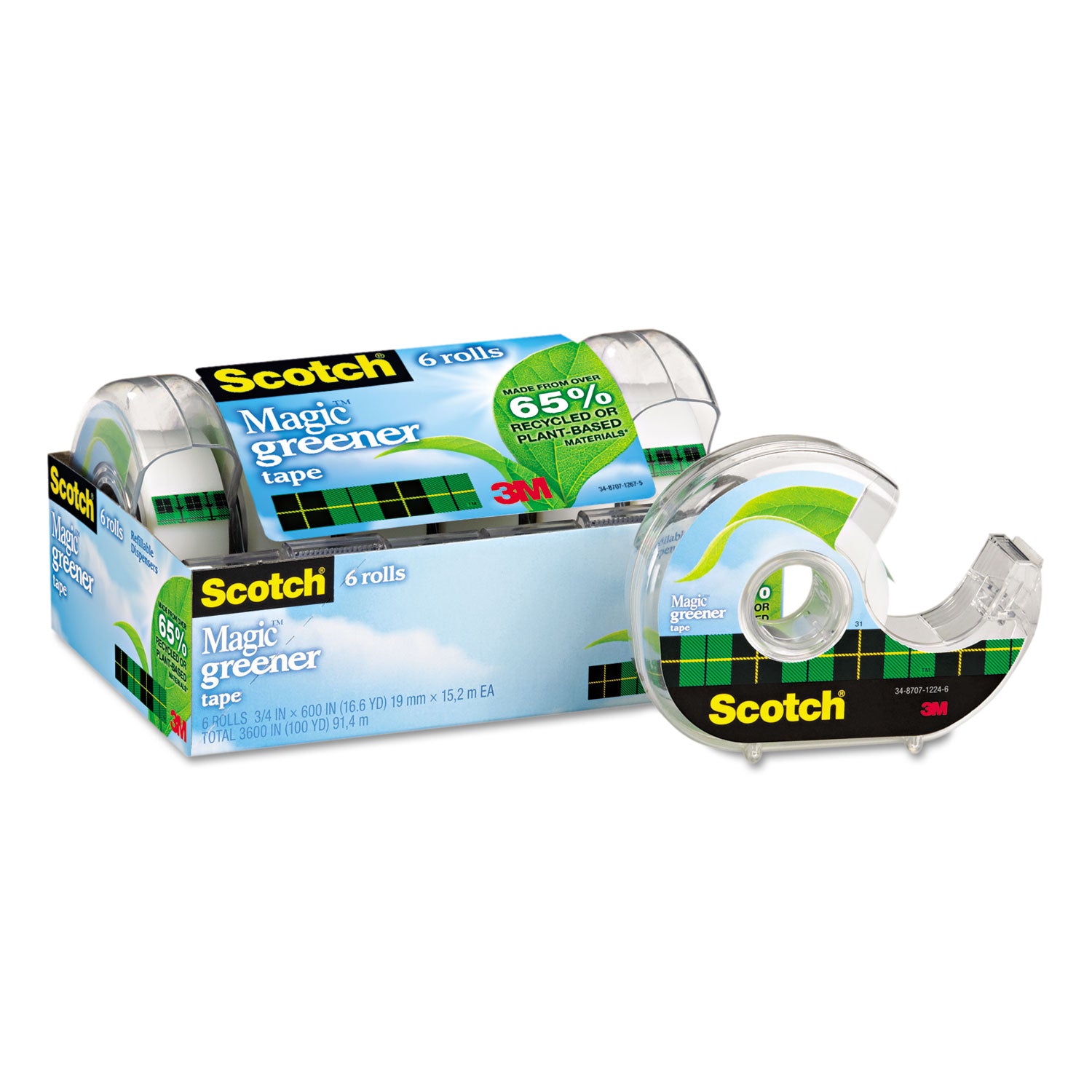 Scotch 3/4"W Magic Greener Tape - 16.67 yd Length x 0.75" Width - 1" Core - Matte - Clear - Dispenser Included - Handheld Dispenser - Split Resistant, Tear Resistant - For Packing - 1 Pack
