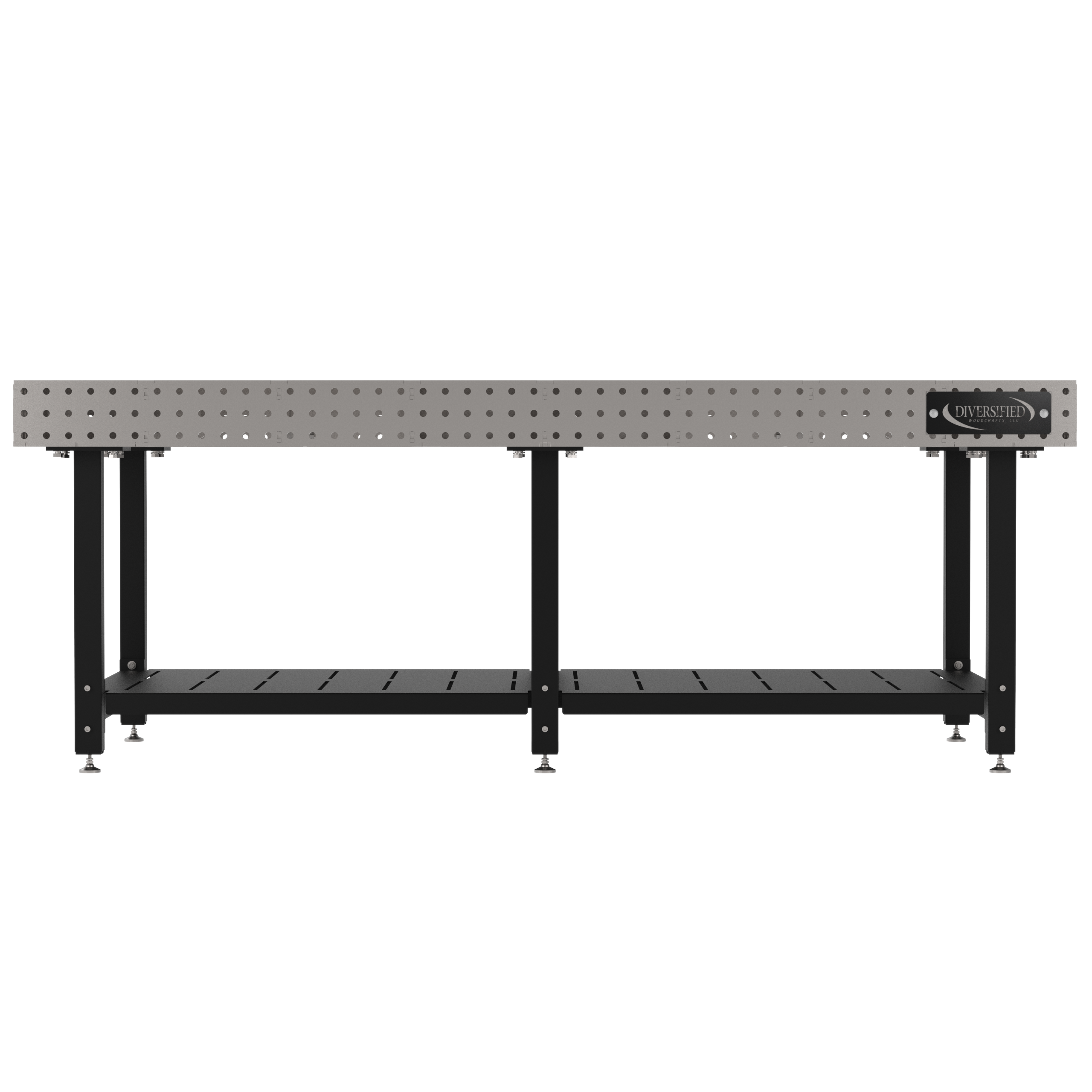 Welding Fixture Table, Fixed Height, 36"H x 96"L x 48"D, 1/4" Carbon Steel Top, Six Black Powdercoat Legs, Shelf, Self-Leveling Feet