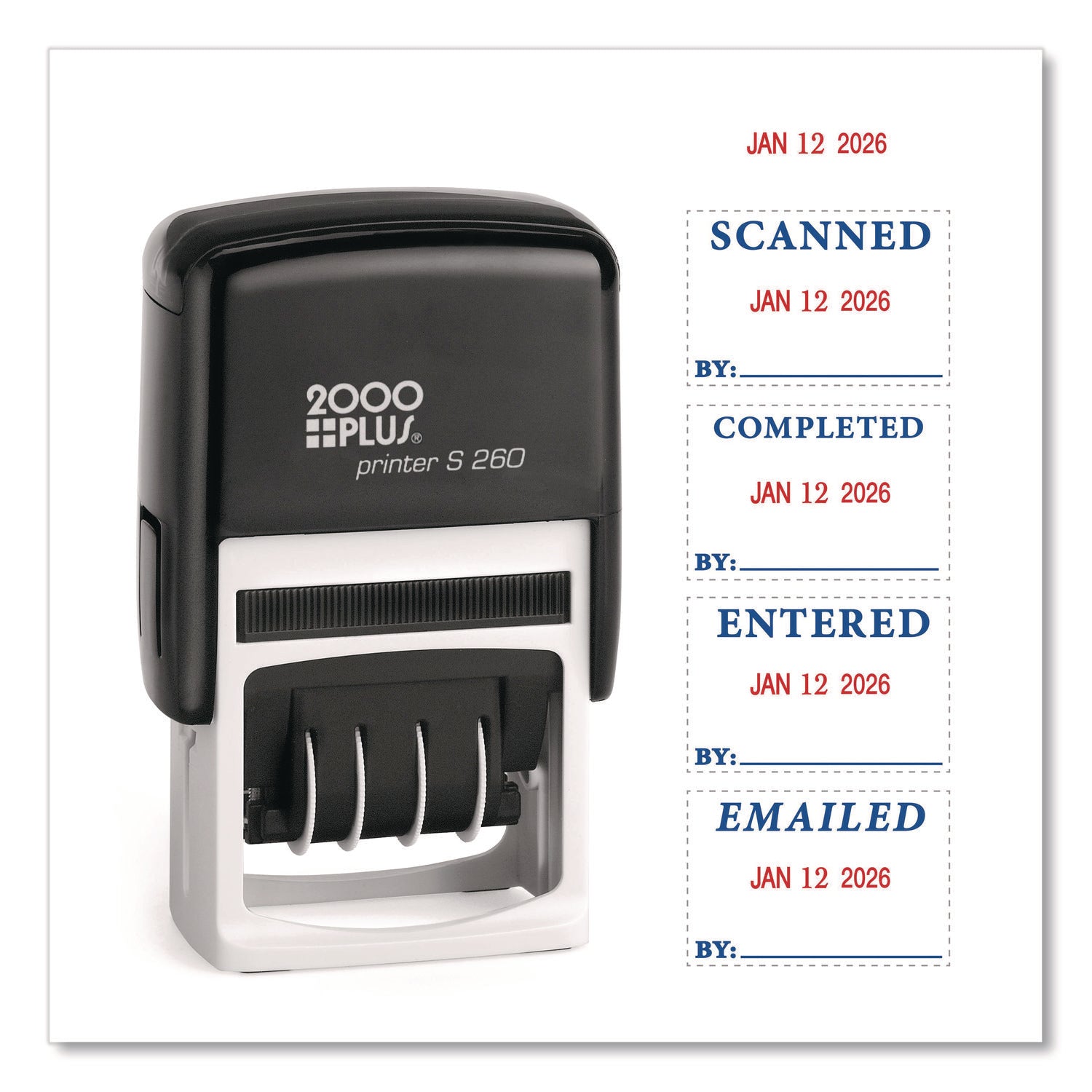 Message/Date Stamp - Scanned, Emailed, Entered, Completed - 0.94" Impression Width x 1.75" Impression Length - Red, Blue - 1 Each