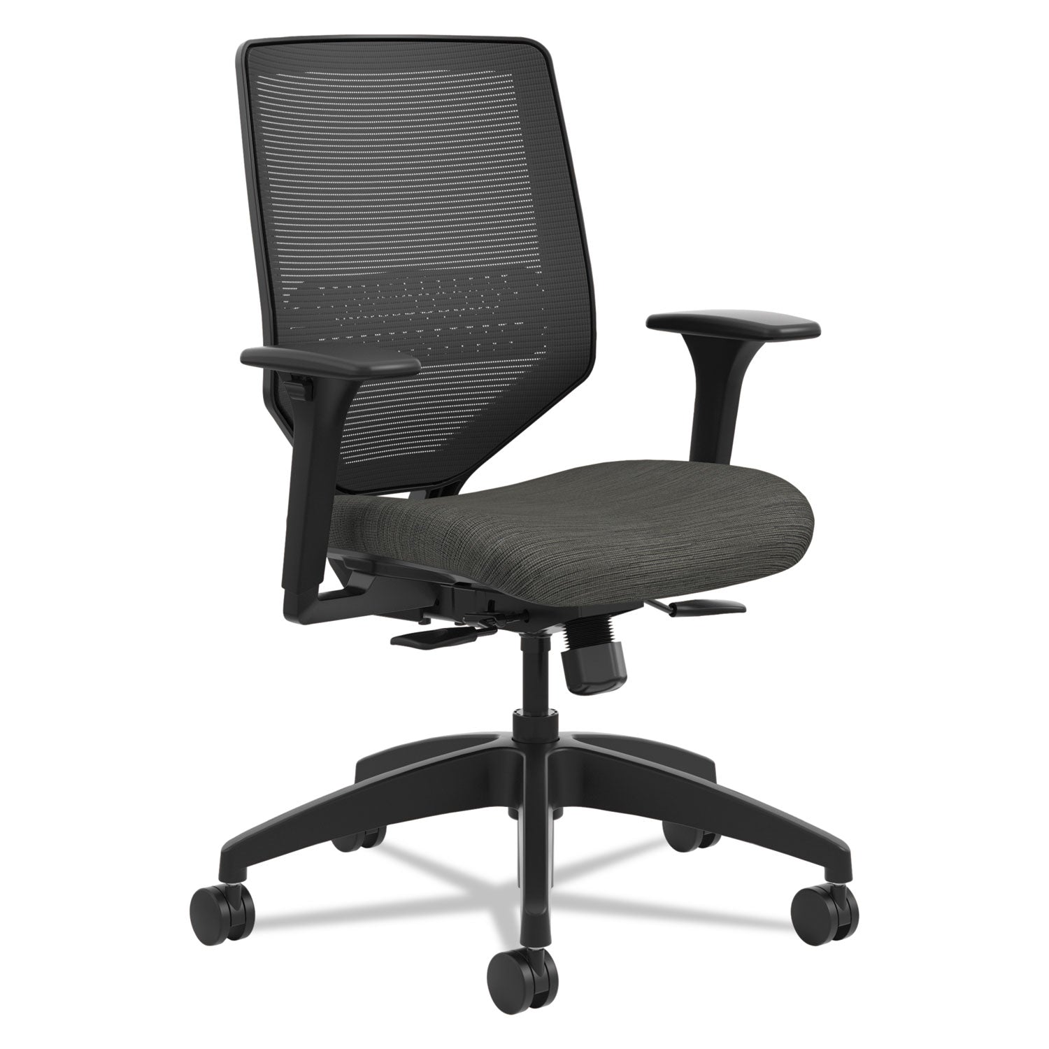 HON Solve Chair, Mid Back, Fabric Seat, Mesh Back, Black Frame, Adjustable Arms, Ink Color, 1 Each