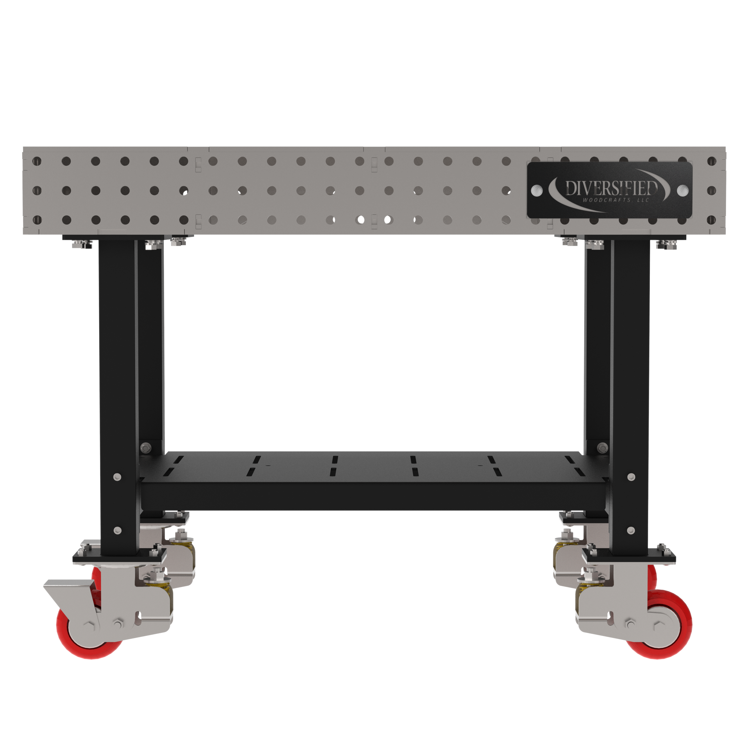 Welding Fixture Table, Fixed Height, 36"H x 48"L x 30"D, 1/4" Carbon Steel Top, Four Black Powdercoat Legs, Shelf, 4 Heavy Duty Suspension Casters (2 Locking/Swiveling Casters and 2 Non-Locking/Non-SwivelingCasters)