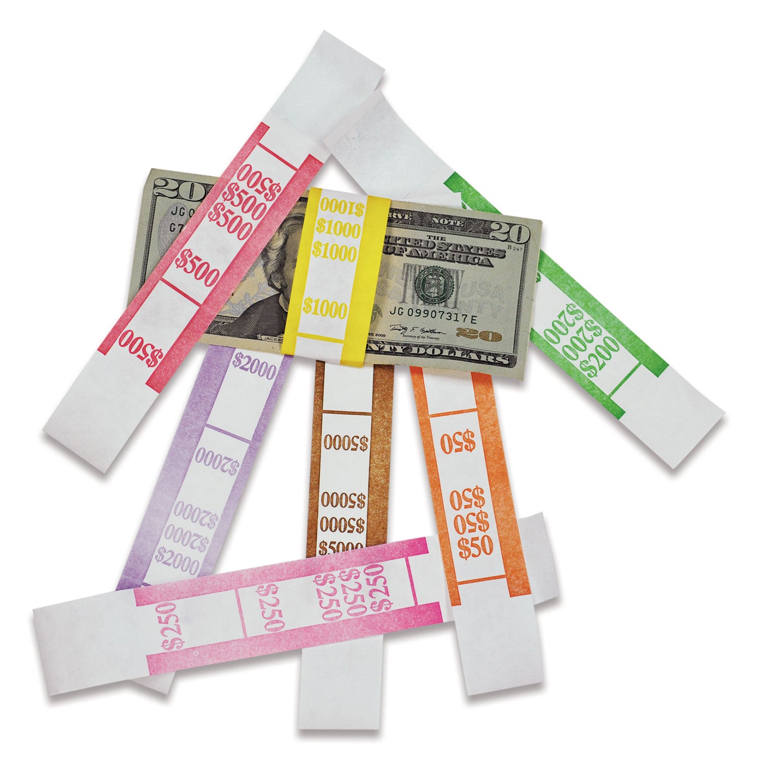 ICONEX SecurIT Currency Straps - Total $50 - Adhesive, Sturdy, Color Coded - Kraft Paper - 1000 / Pack
