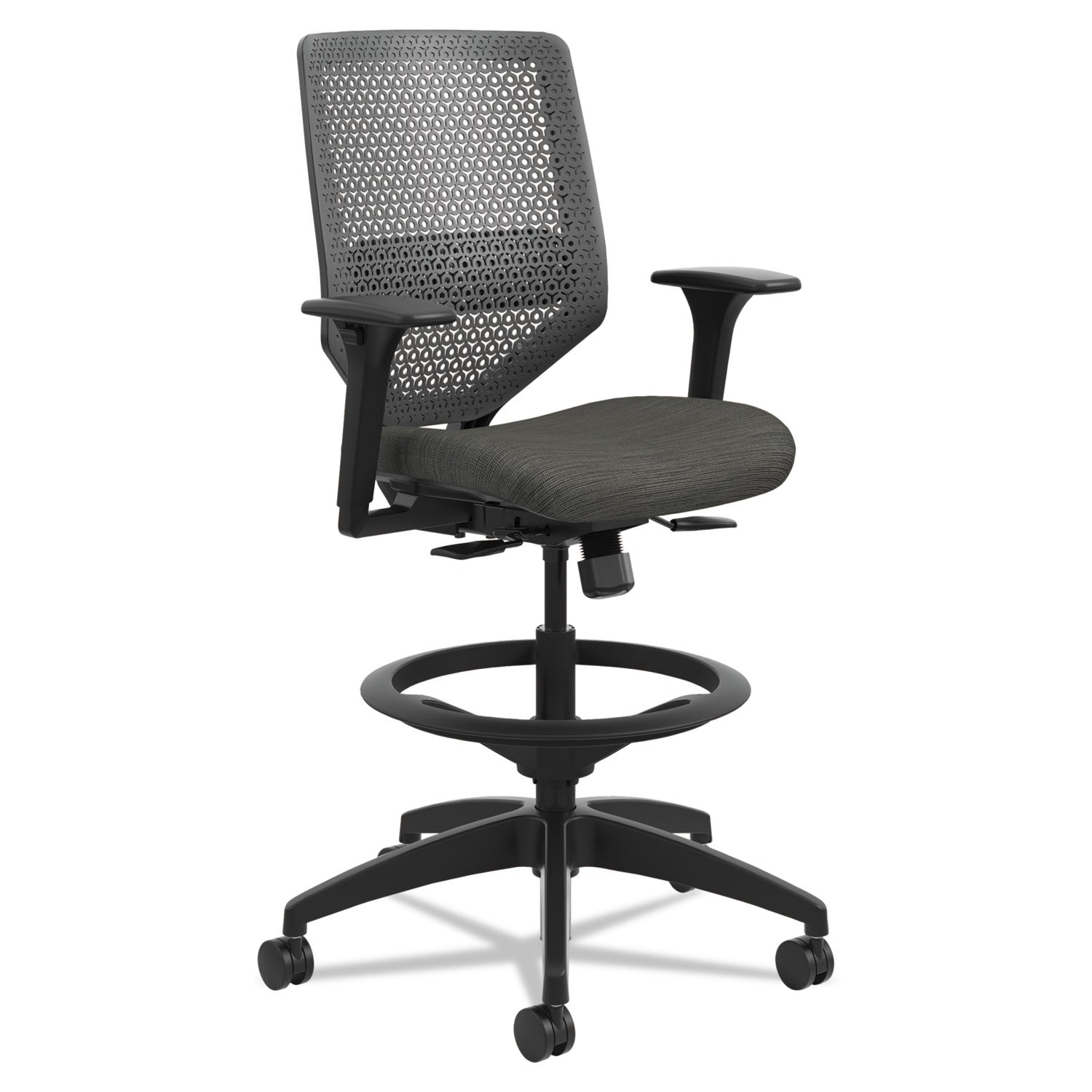 HON Solve Sitting Stool - Fabric Seat Material - Charcoal Back Color - Mesh Back Material - Black Frame Color - Mid Back - 5-star Base - Ink - 1 Each