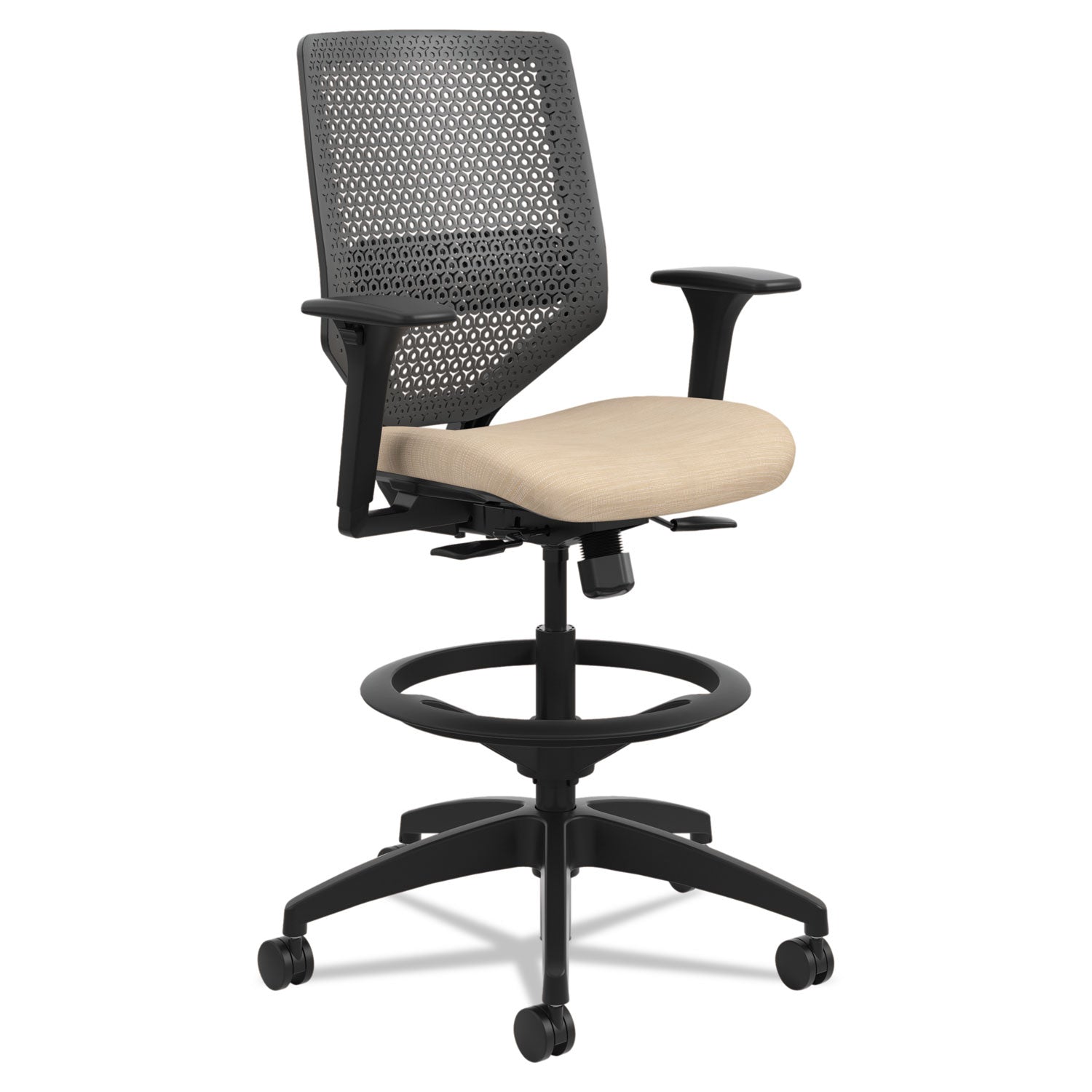 HON Solve Sitting Stool - Fabric Seat Material - Charcoal Back Color - Mesh Back Material - Black Frame Color - Mid Back - 5-star Base - Putty - 1 Each