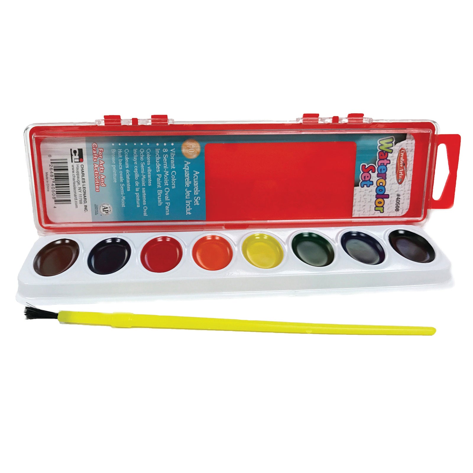 Semi-Moist Watercolor Paint Set, 8-Color Oval Pan w/Brush, 36 Sets