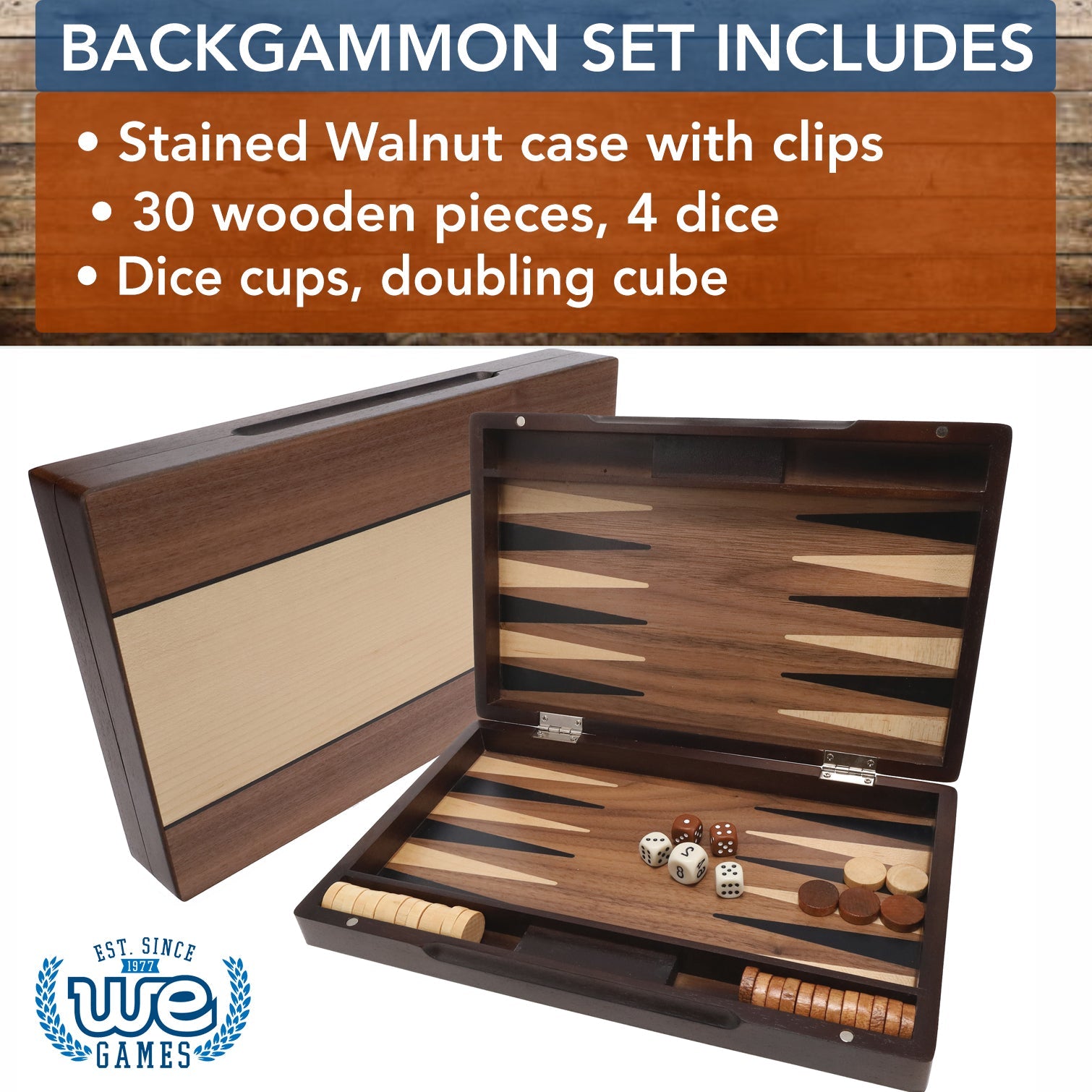 Backgammon Set with Walnut Stain Wood Case - 12 in