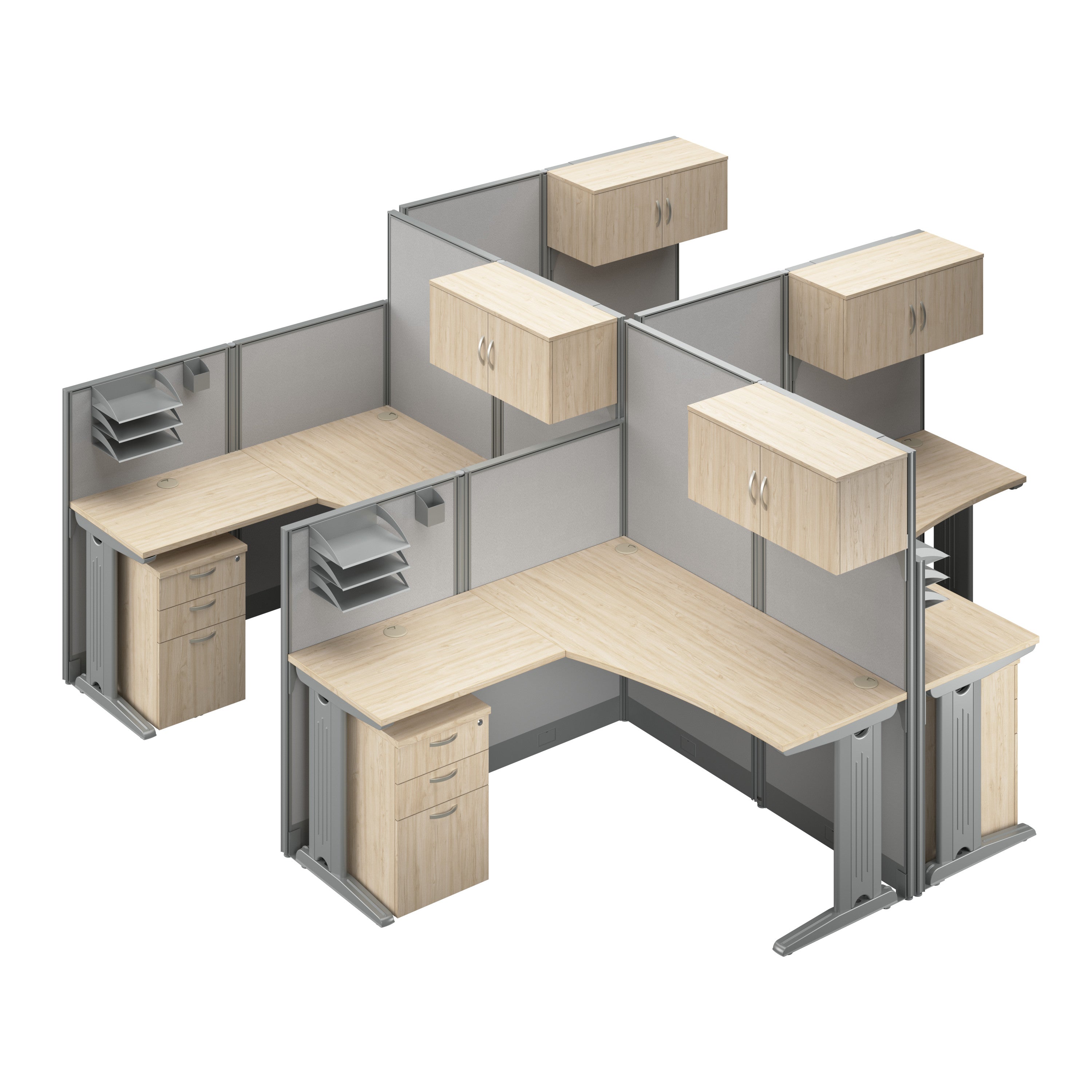Bush Business Furniture Office in an Hour 4 Person L Shaped Cubicle Desks with Storage, Drawers, and Organizers in Natural Elm - 128.97" Width x 128.97" Depth x 62.86" Height