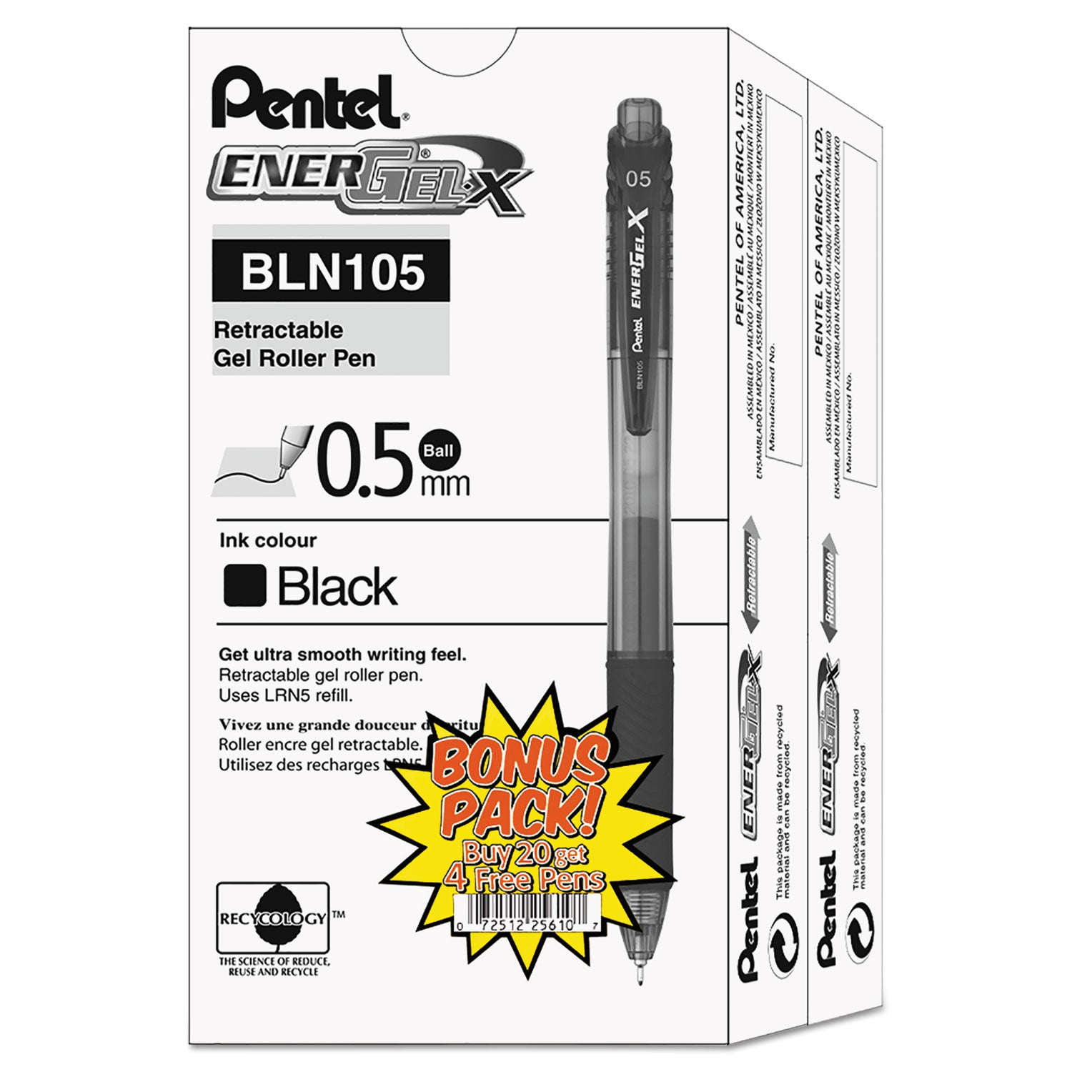 EnerGel EnerGel-X Retractable Gel Pens - 0.5 mm Fine Needle Pen Point - Refillable - Retractable - Black Ink - Gel-based - Black Barrel - 24 / Pack