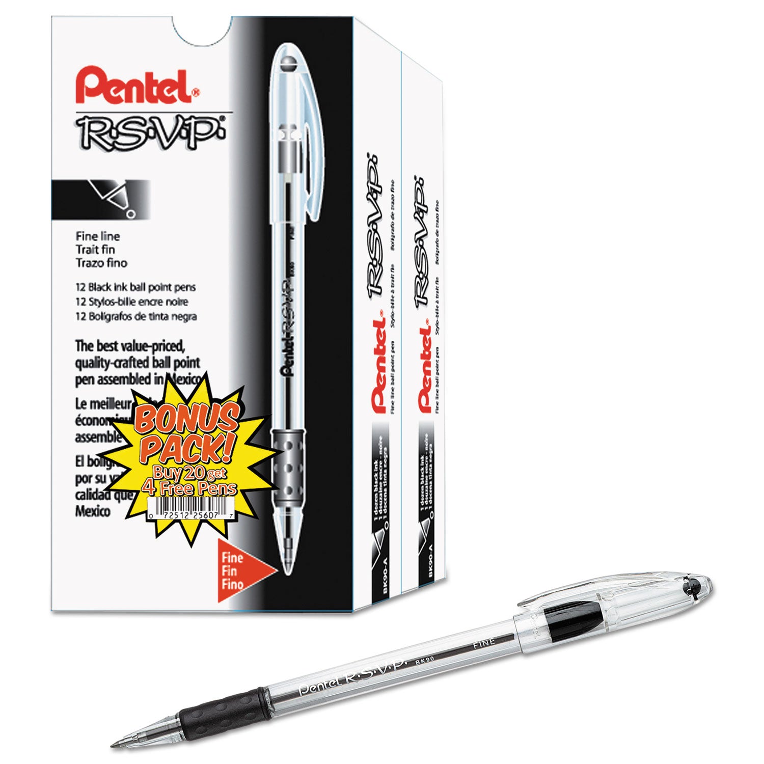 Pentel R.S.V.P. Ballpoint Stick Pens - Fine Pen Point - Refillable - Black Ink - Clear Barrel - Stainless Steel Tip - 24 / Pack