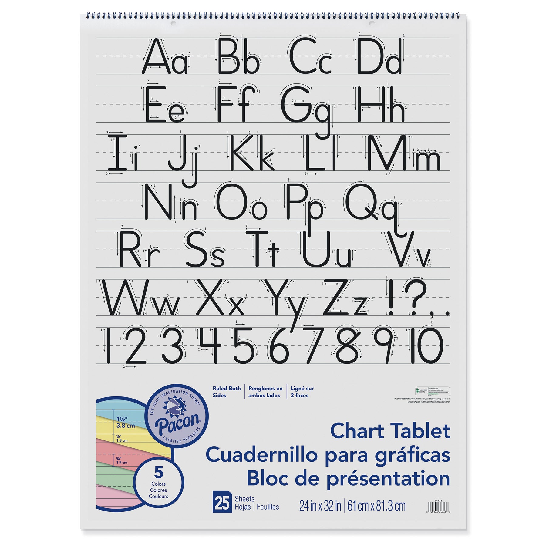 Colored Paper Chart Tablet, Manuscript Cover, 5 Assorted Colors, 1-1/2" Ruled, 24" x 32", 25 Sheets