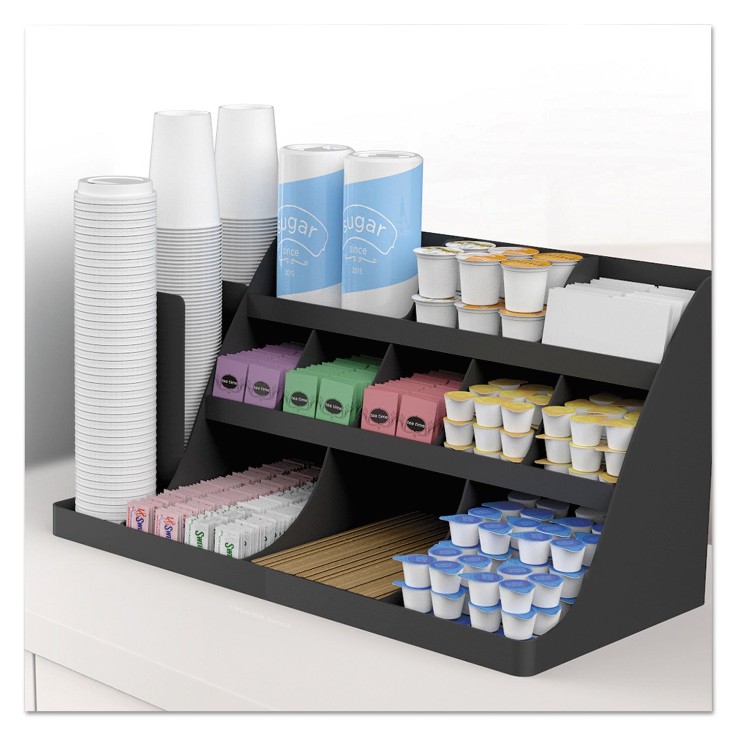 Extra Large Coffee Condiment and Accessory Organizer, 14 Compartment, 24 x 11.8 x 12.5, Black
