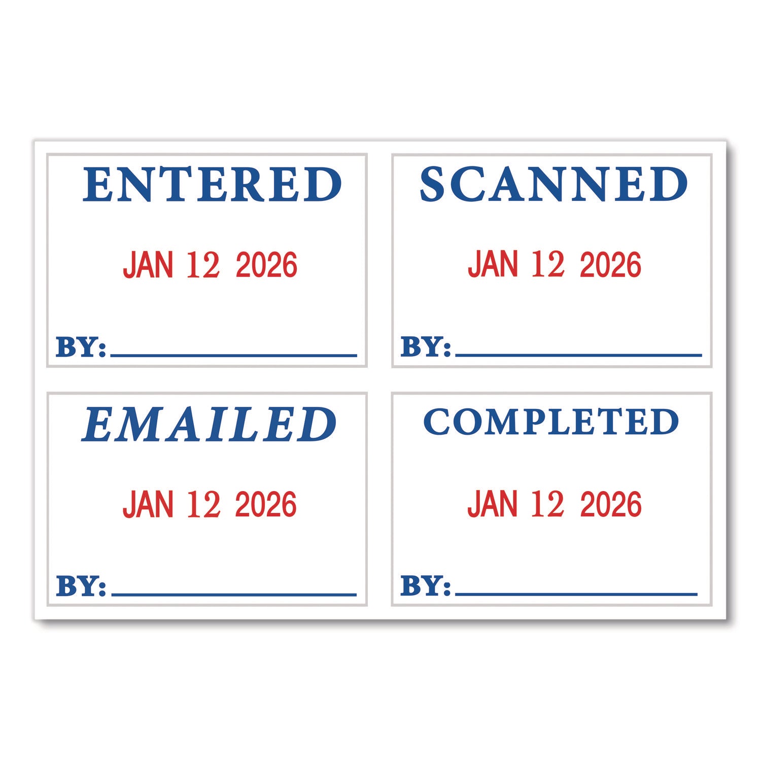 Message/Date Stamp - Scanned, Emailed, Entered, Completed - 0.94" Impression Width x 1.75" Impression Length - Red, Blue - 1 Each